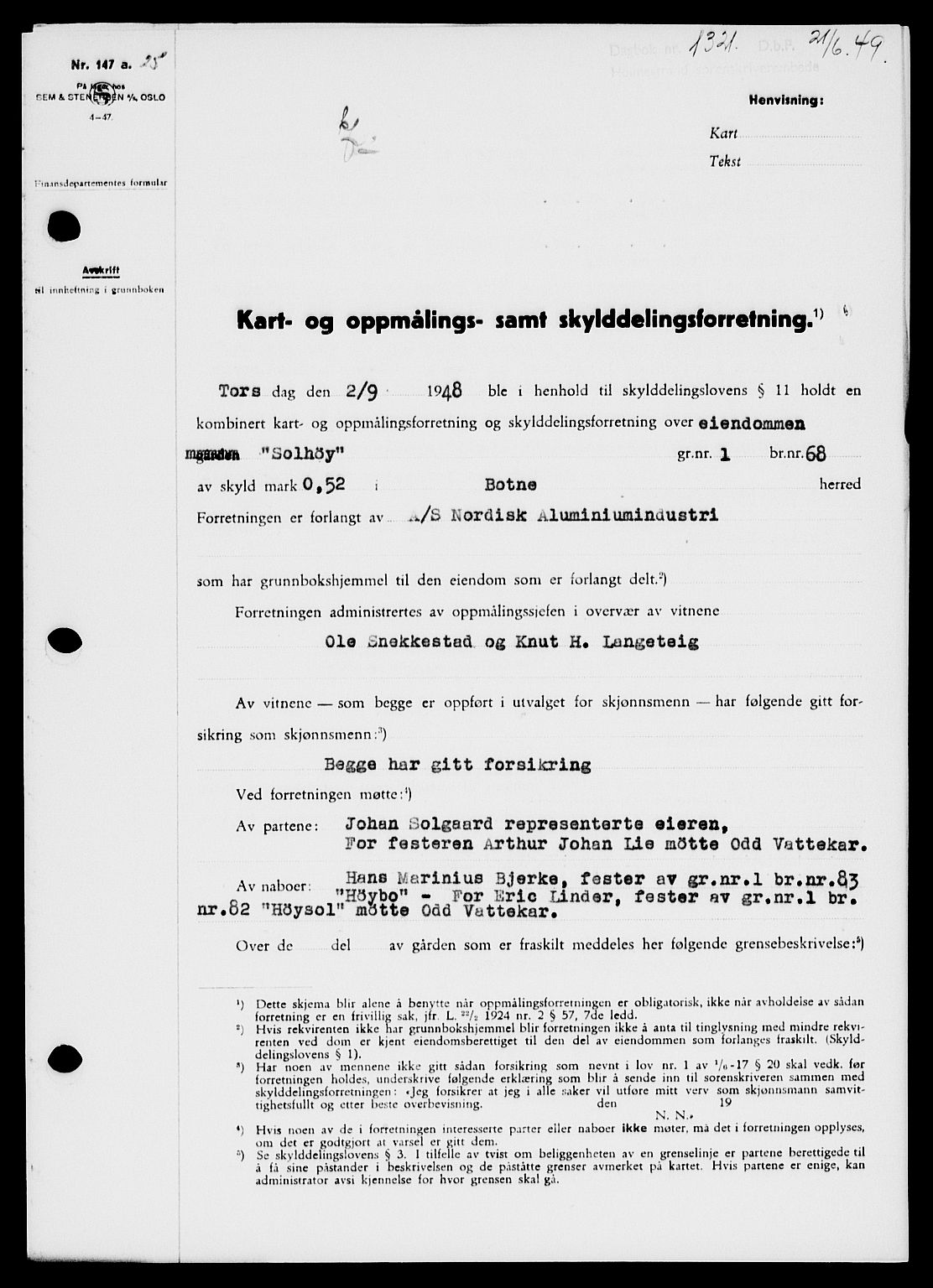 Holmestrand sorenskriveri, SAKO/A-67/G/Ga/Gaa/L0066: Pantebok nr. A-66, 1949-1949, Dagboknr: 1321/1949