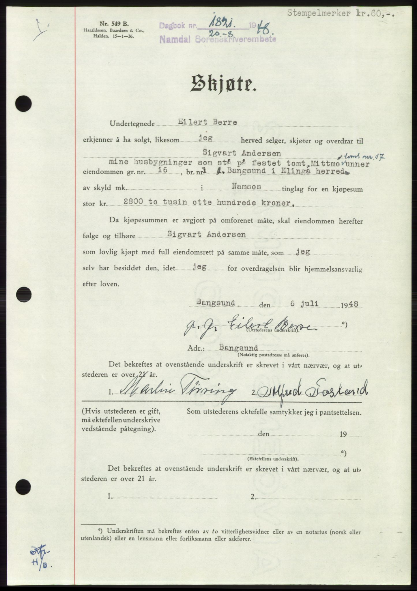 Namdal sorenskriveri, SAT/A-4133/1/2/2C: Pantebok nr. -, 1948-1948, Dagboknr: 1821/1948