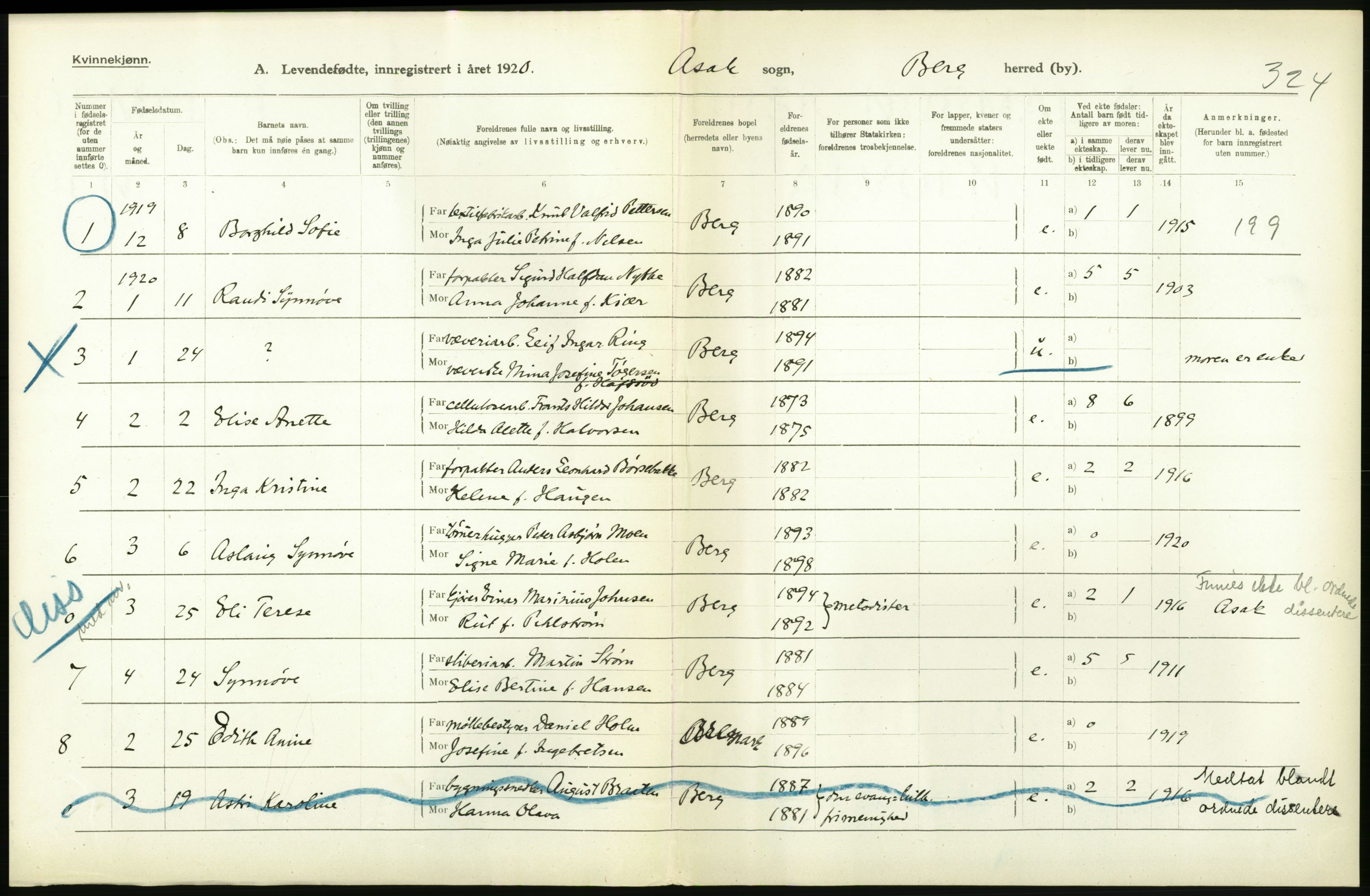 Statistisk sentralbyrå, Sosiodemografiske emner, Befolkning, AV/RA-S-2228/D/Df/Dfb/Dfbj/L0001: Østfold fylke: Levendefødte menn og kvinner. Bygder., 1920, s. 580