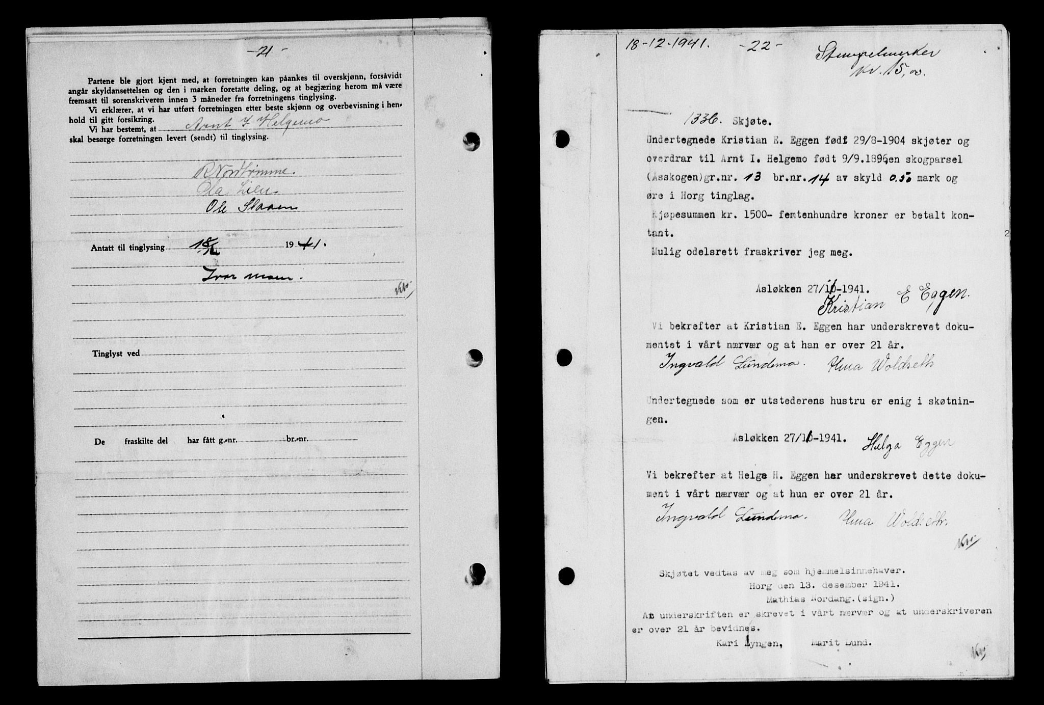 Gauldal sorenskriveri, SAT/A-0014/1/2/2C/L0054: Pantebok nr. 59, 1941-1942, Dagboknr: 1336/1941