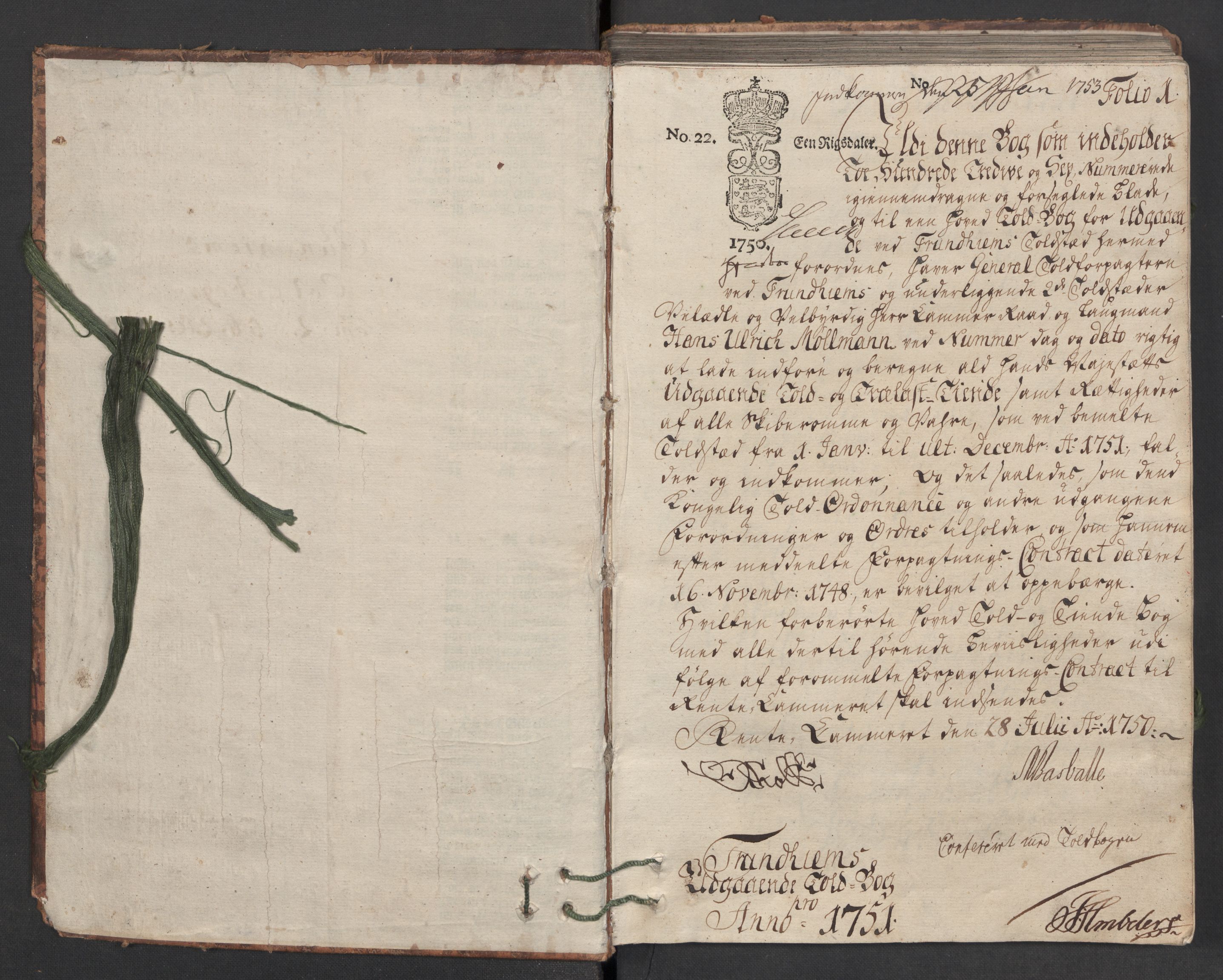 Generaltollkammeret, tollregnskaper, AV/RA-EA-5490/R33/L0025/0001: Tollregnskaper Trondheim A / Utgående hovedtollbok, 1751
