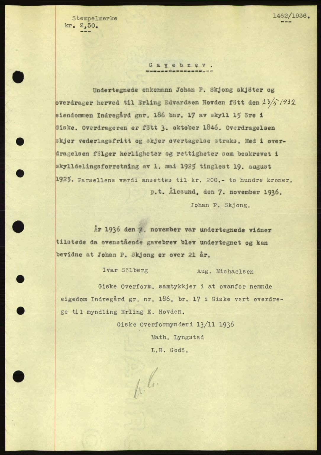 Nordre Sunnmøre sorenskriveri, SAT/A-0006/1/2/2C/2Ca: Pantebok nr. A2, 1936-1937, Dagboknr: 1462/1936
