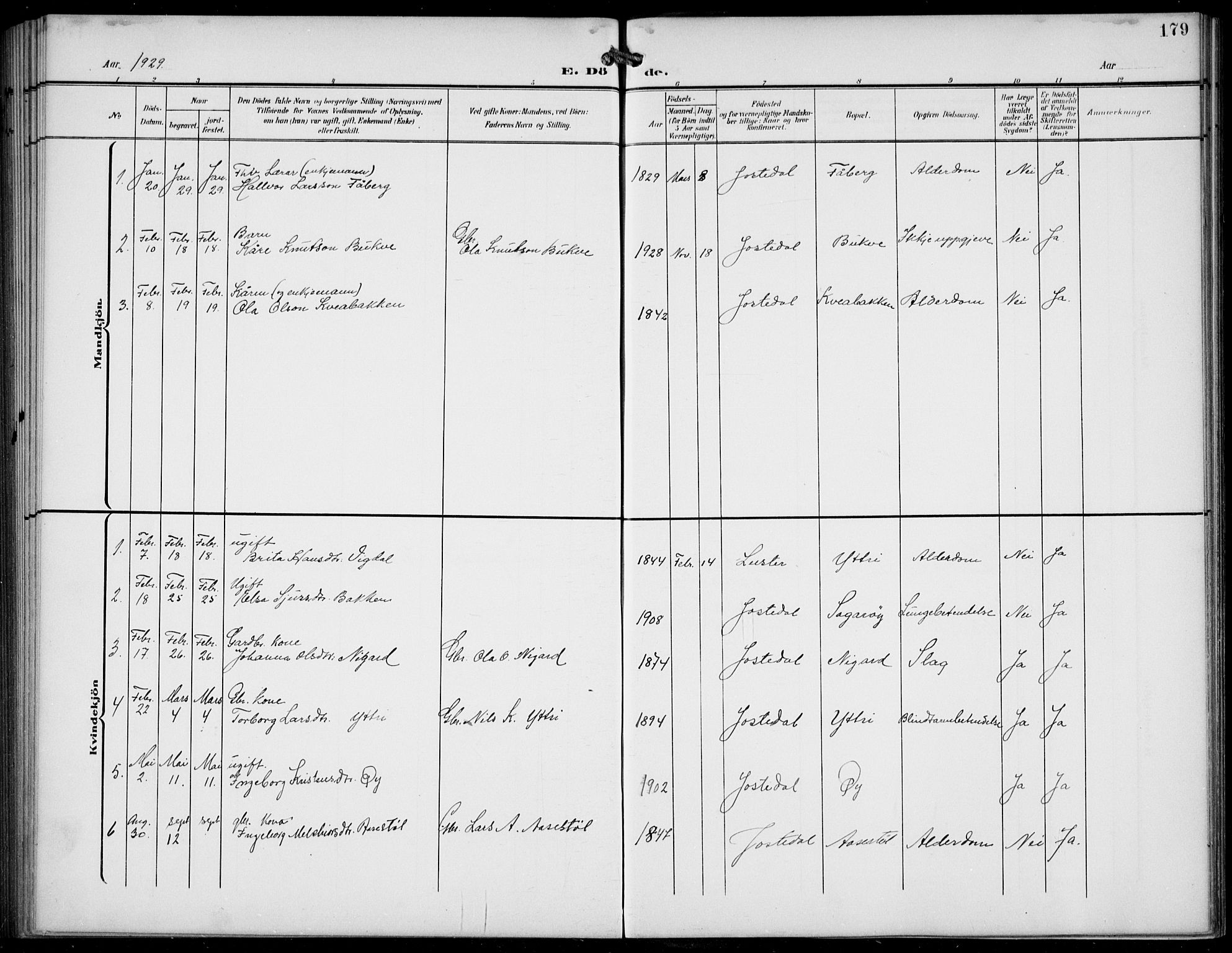 Jostedal sokneprestembete, AV/SAB-A-80601/H/Hab/Haba/L0002: Klokkerbok nr. A 2, 1907-1931, s. 179