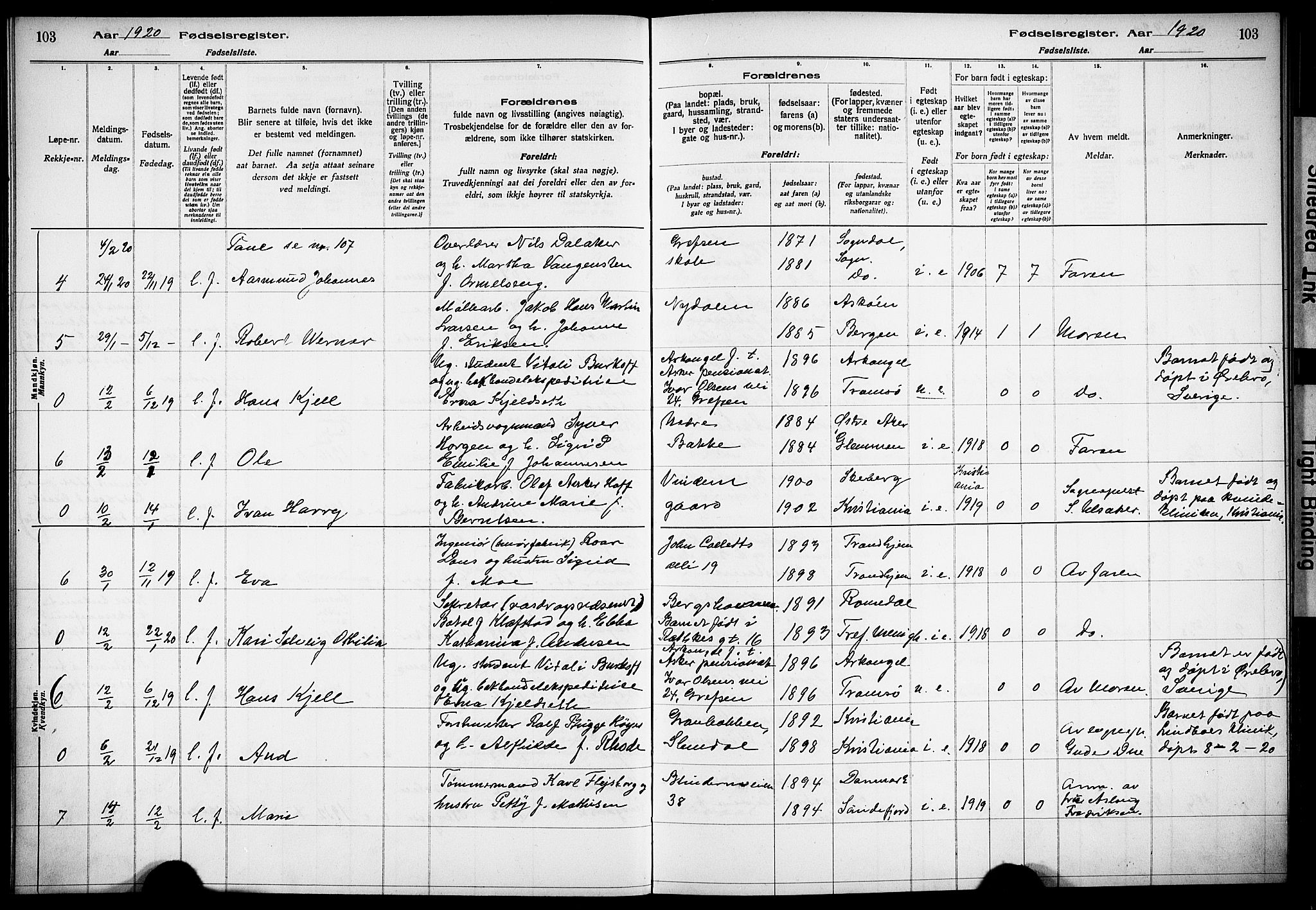 Vestre Aker prestekontor Kirkebøker, AV/SAO-A-10025/J/Ja/L0001: Fødselsregister nr. 1, 1916-1922, s. 103