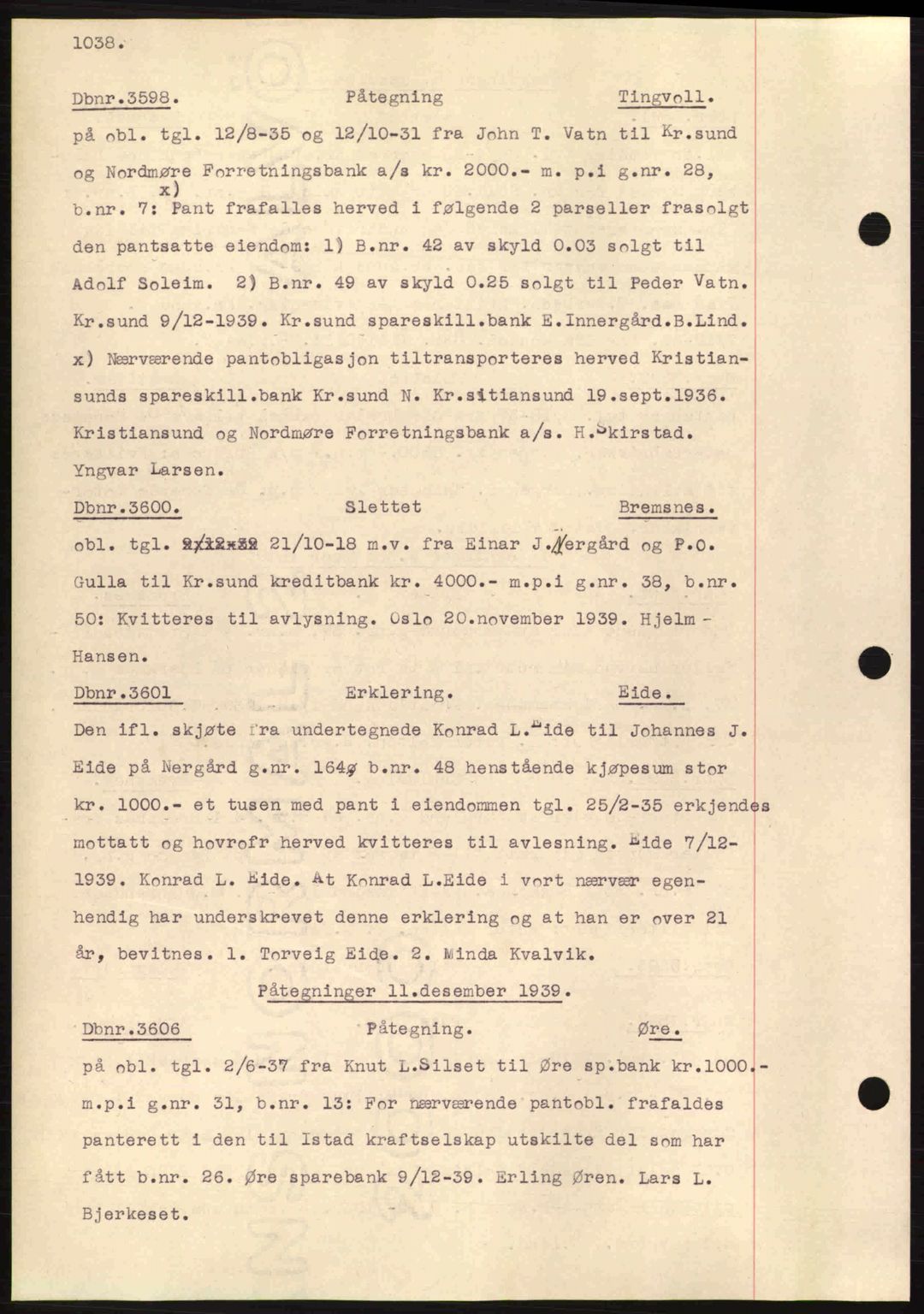 Nordmøre sorenskriveri, SAT/A-4132/1/2/2Ca: Pantebok nr. C80, 1936-1939, Dagboknr: 3598/1939