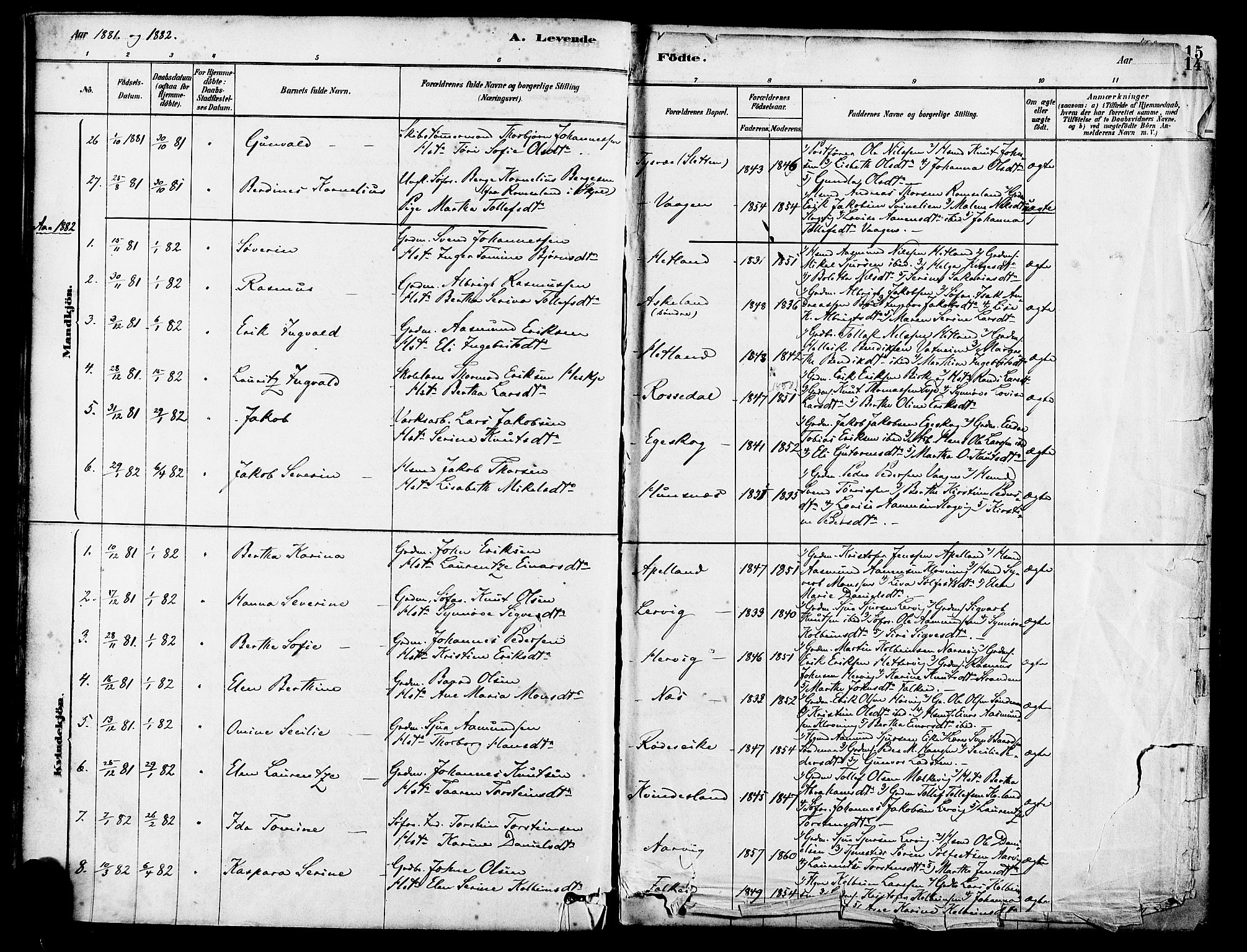 Tysvær sokneprestkontor, AV/SAST-A -101864/H/Ha/Haa/L0006: Ministerialbok nr. A 6, 1878-1896, s. 14