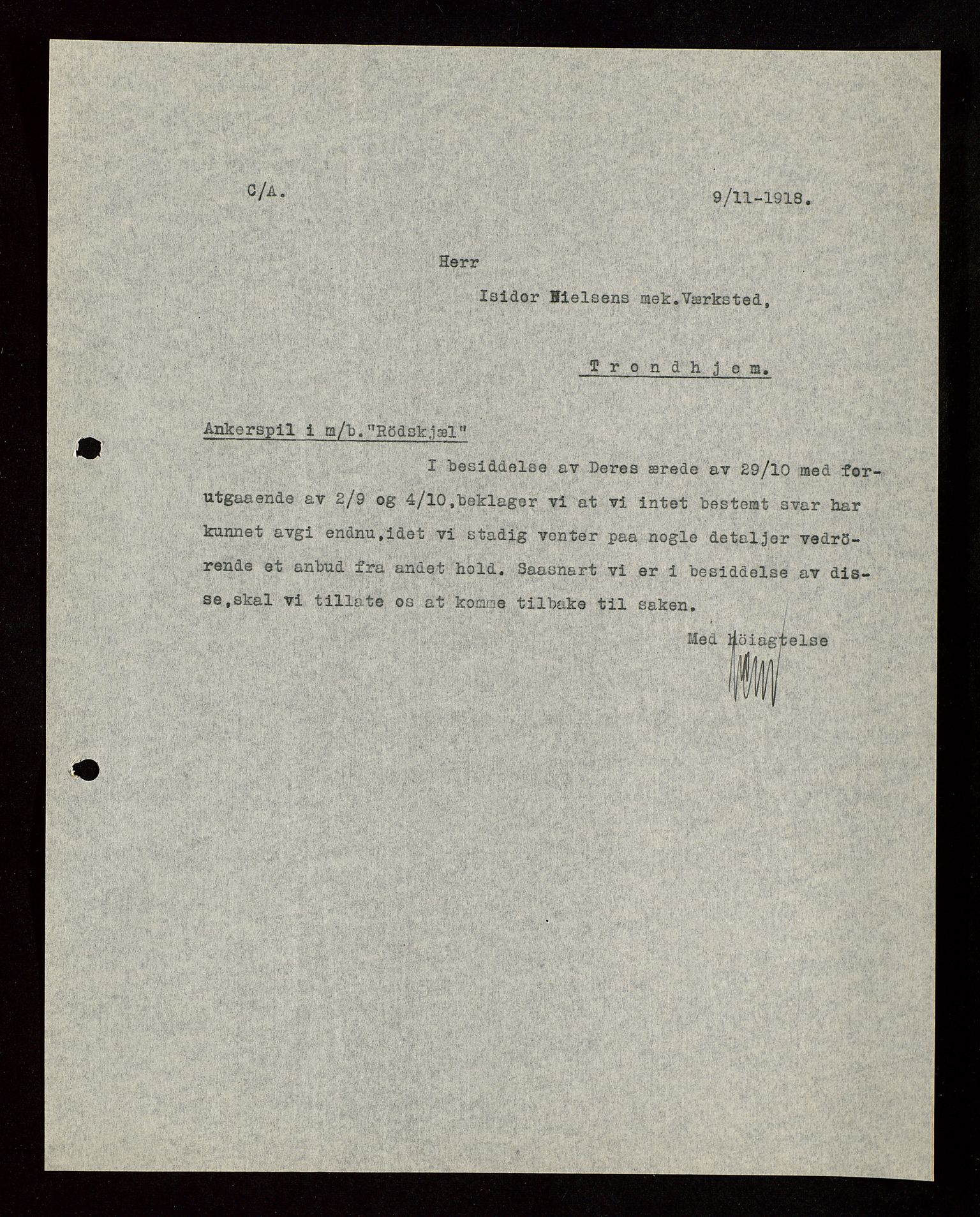 Pa 1521 - A/S Norske Shell, AV/SAST-A-101915/E/Ea/Eaa/L0003: Sjefskorrespondanse, 1918, s. 161