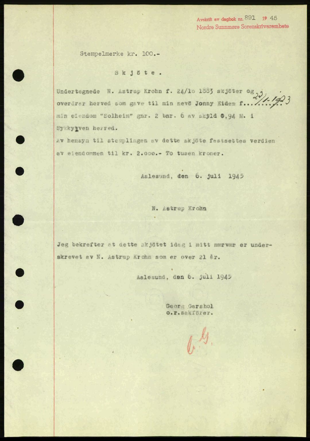 Nordre Sunnmøre sorenskriveri, SAT/A-0006/1/2/2C/2Ca: Pantebok nr. A20a, 1945-1945, Dagboknr: 891/1945