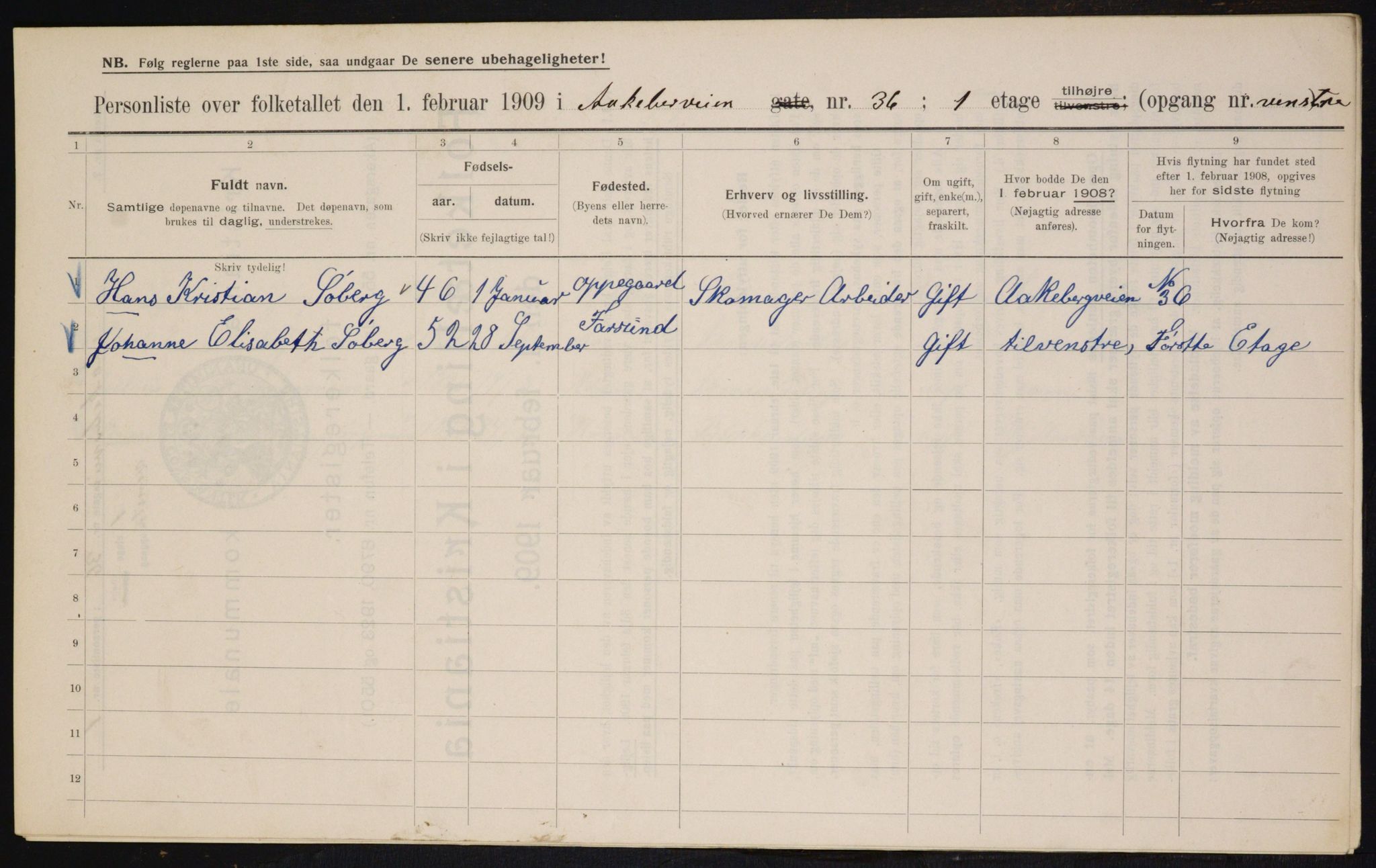 OBA, Kommunal folketelling 1.2.1909 for Kristiania kjøpstad, 1909, s. 118525
