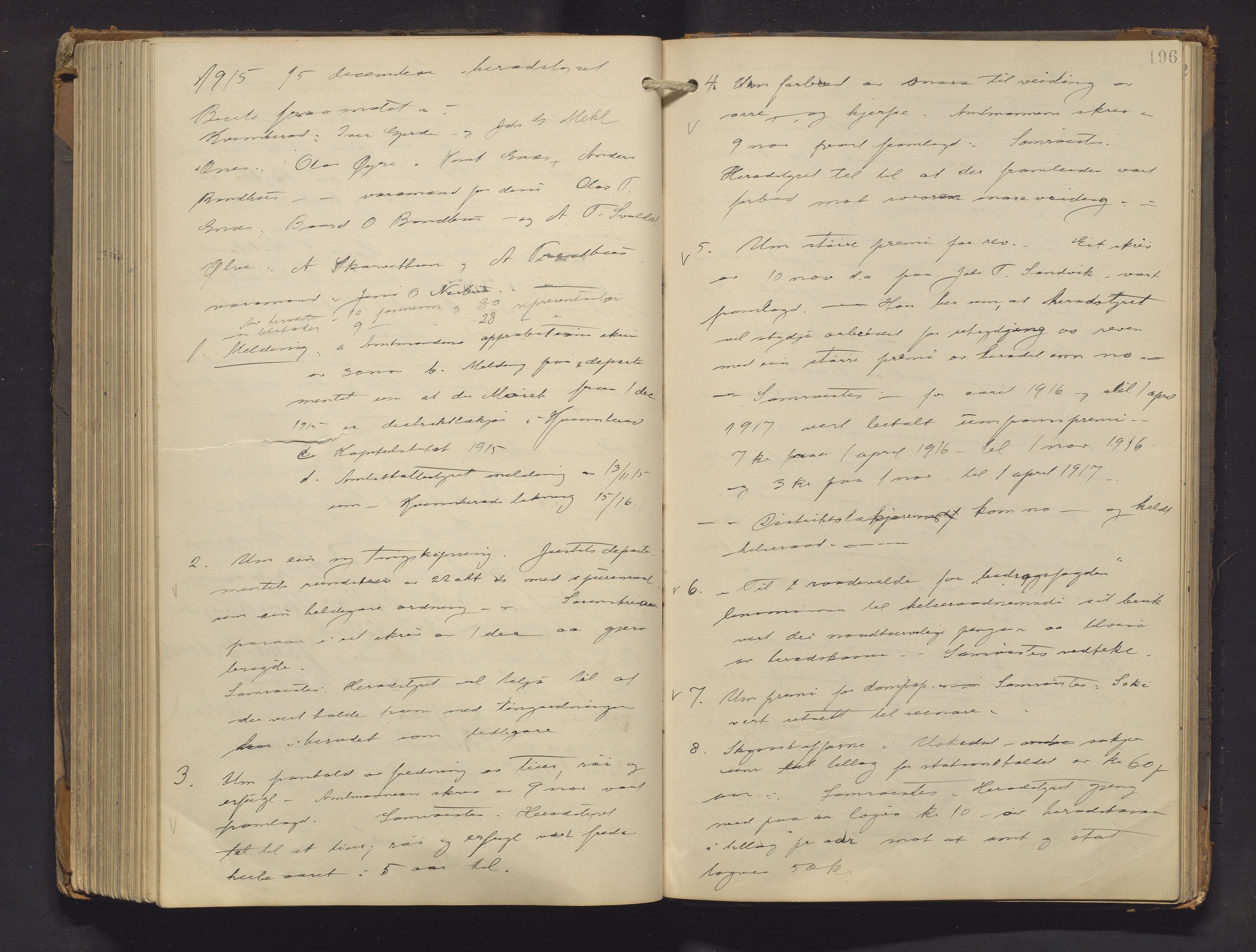 Kvinnherad kommune. Formannskapet, IKAH/1224-021/A/Aa/L0004: Møtebok for formannskap og heradstyre i Kvinnherad prestegjeld og styre i soknekommunane Kvinnherad, Ølve, Husnes og Ænes, 1907-1917, s. 196