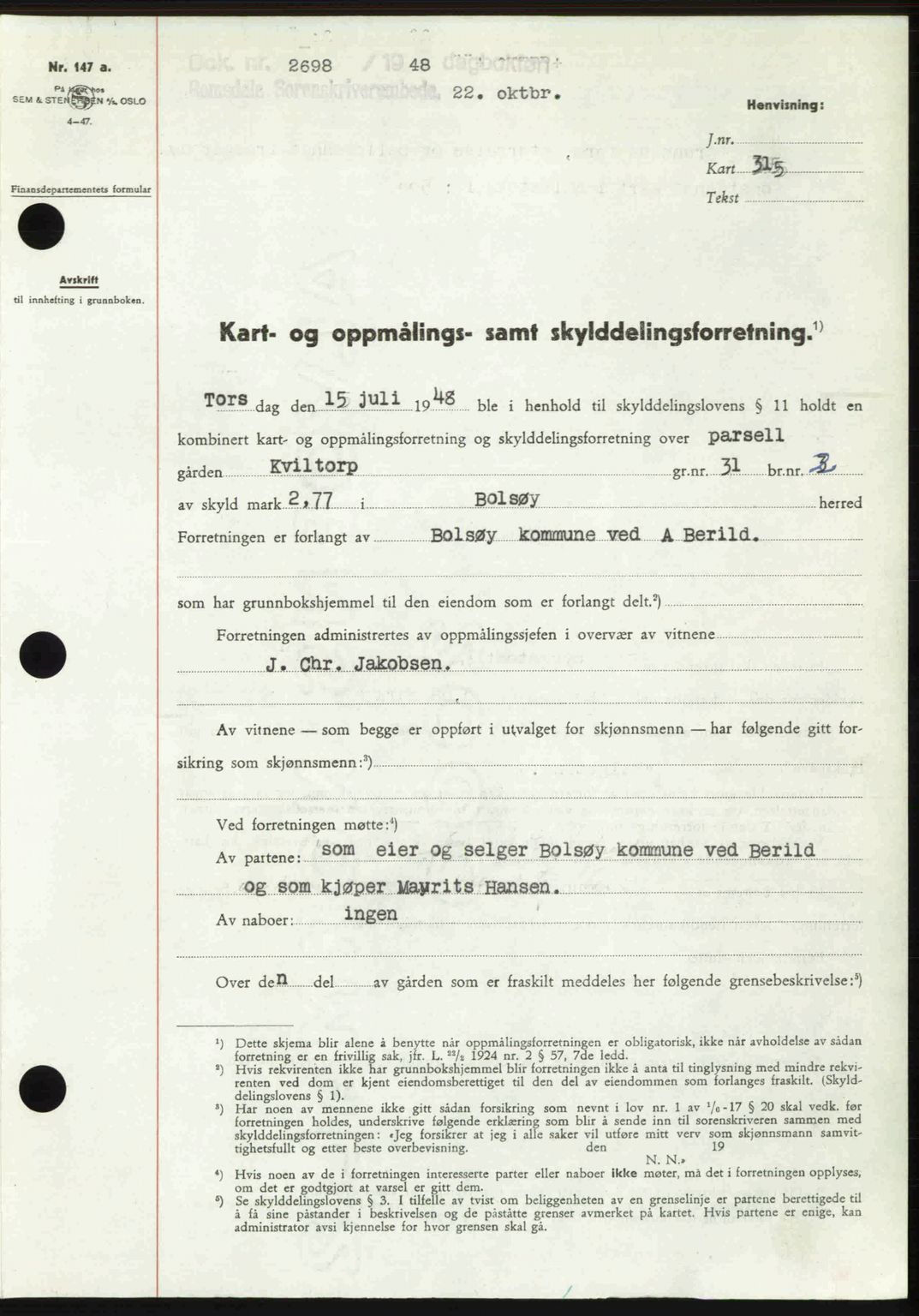 Romsdal sorenskriveri, SAT/A-4149/1/2/2C: Pantebok nr. A27, 1948-1948, Dagboknr: 2698/1948