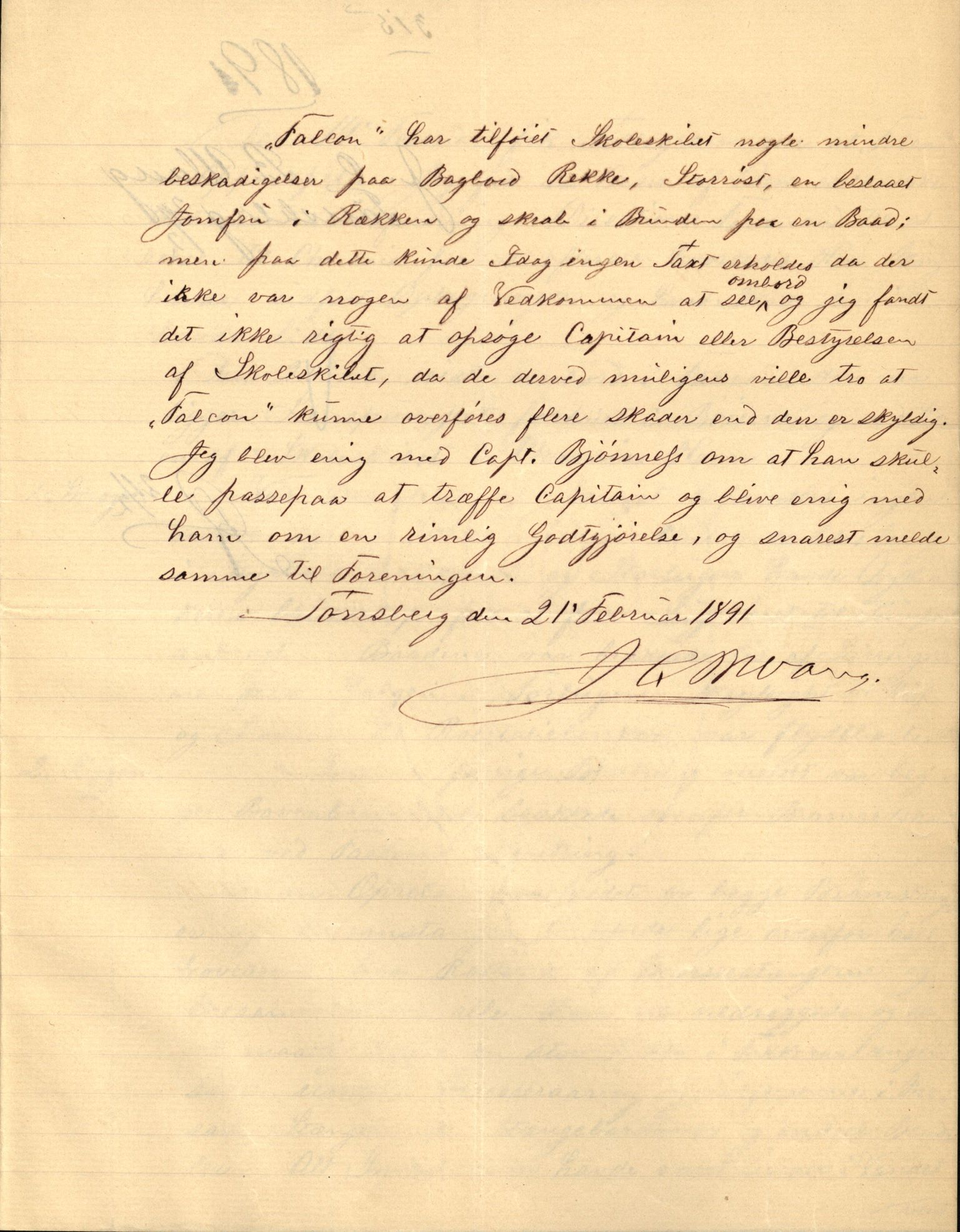 Pa 63 - Østlandske skibsassuranceforening, VEMU/A-1079/G/Ga/L0027/0011: Havaridokumenter / Louise, Lucie, Falcon, Ingeborg av Laurvig, Imperator, 1891, s. 30