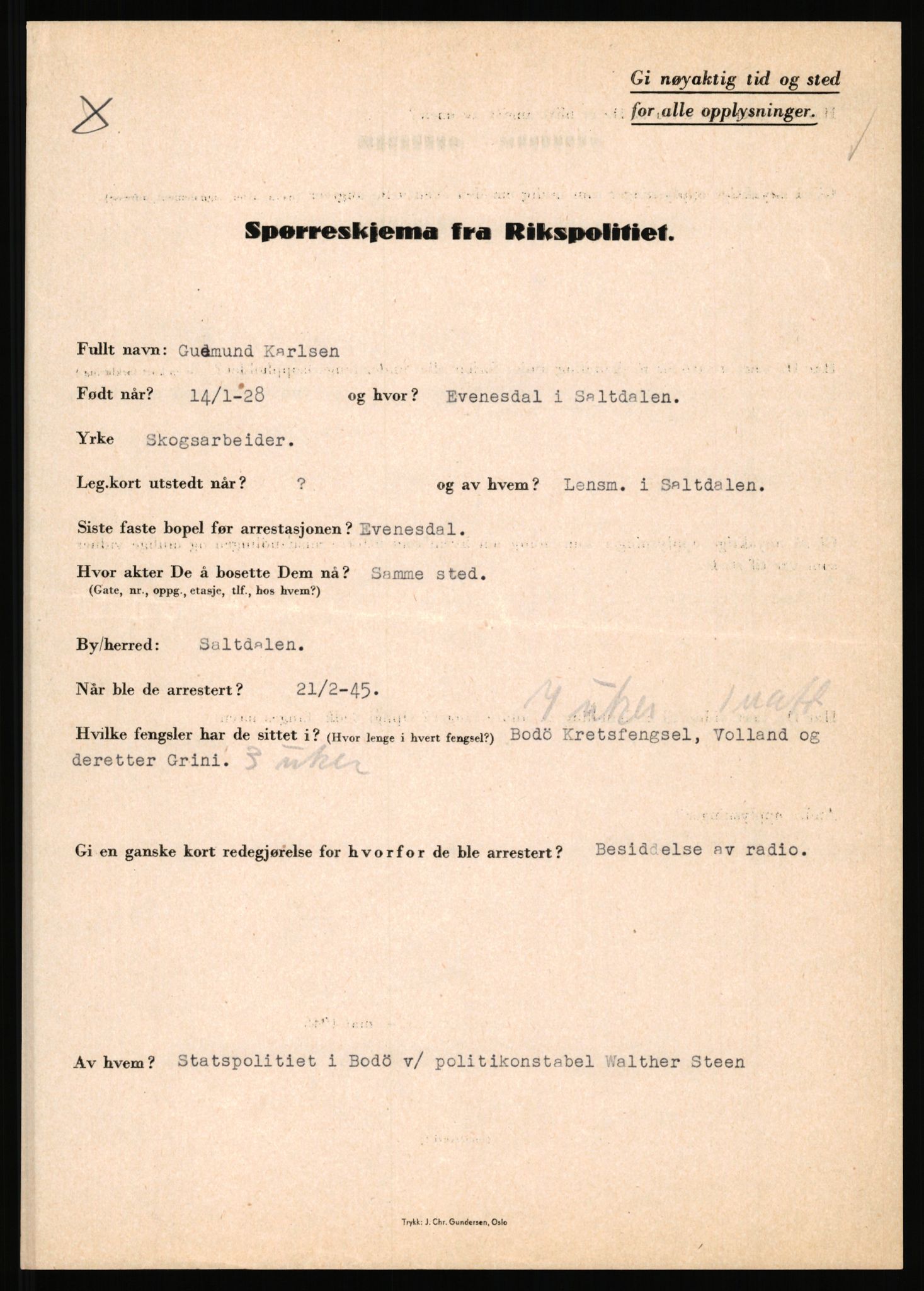 Rikspolitisjefen, AV/RA-S-1560/L/L0009: Karlsen, Aksel Emanuel - Kristiansen, Øivind Vetre, 1940-1945, s. 47