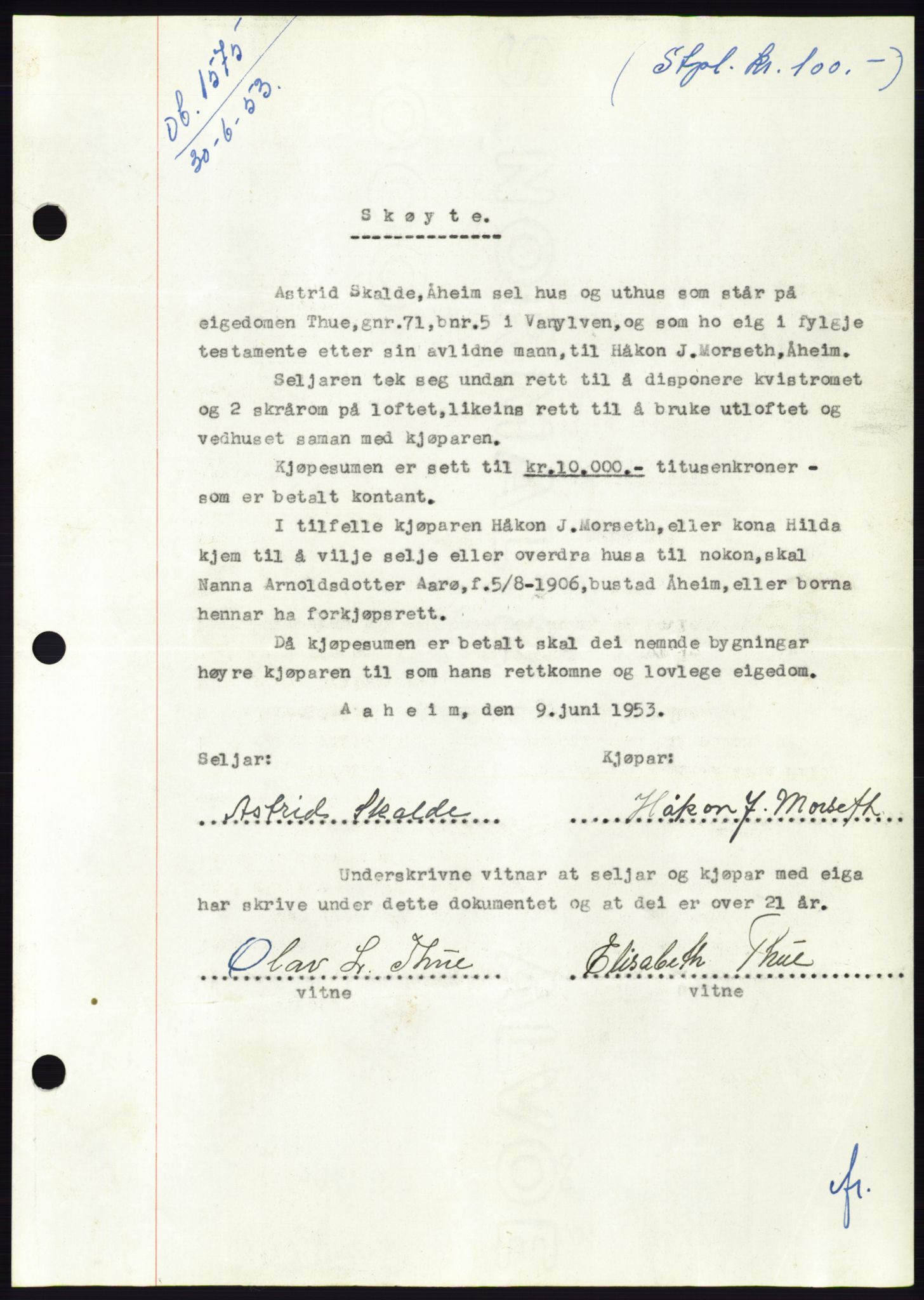 Søre Sunnmøre sorenskriveri, AV/SAT-A-4122/1/2/2C/L0095: Pantebok nr. 21A, 1953-1953, Dagboknr: 1575/1953