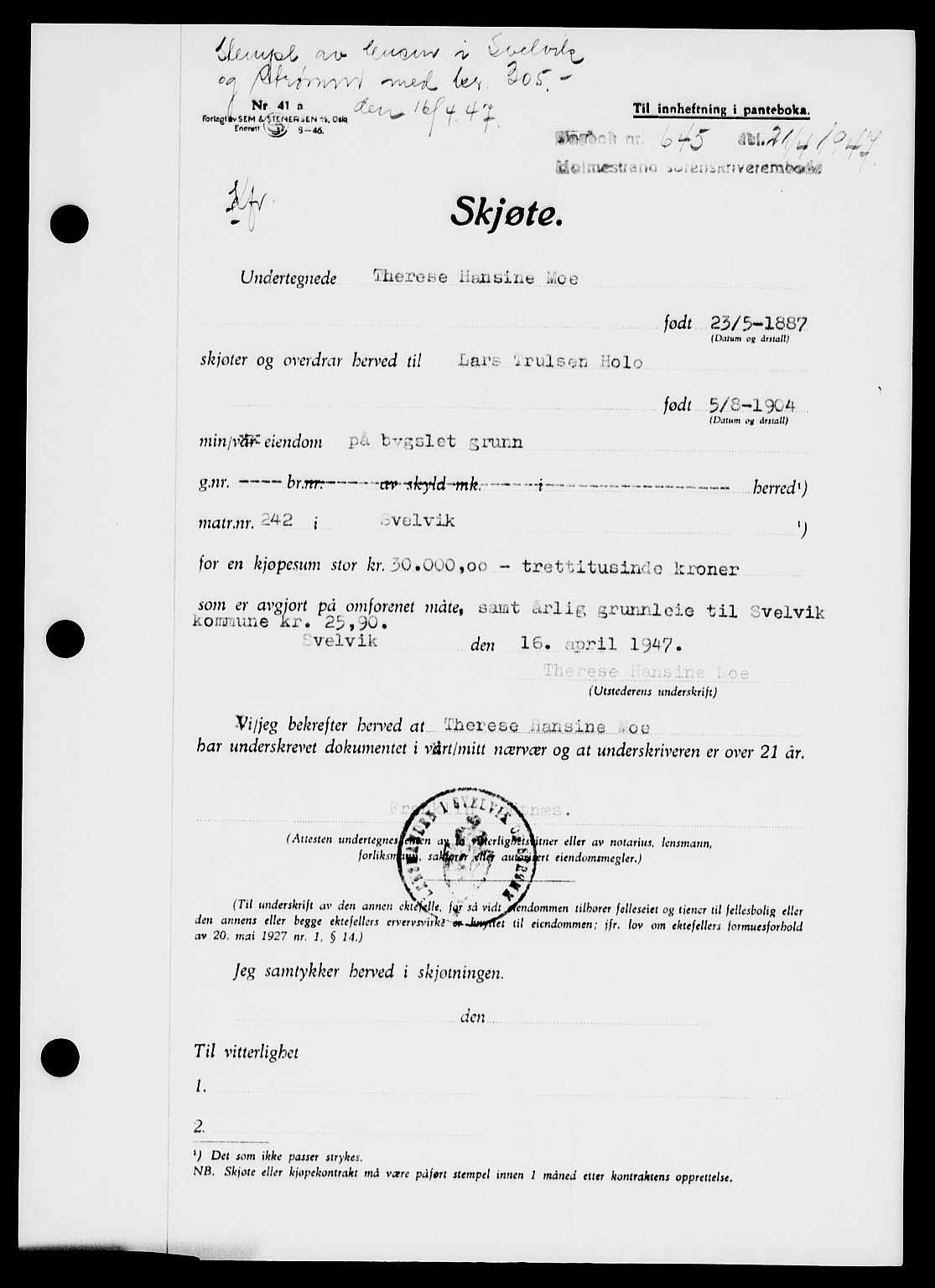 Holmestrand sorenskriveri, SAKO/A-67/G/Ga/Gaa/L0062: Pantebok nr. A-62, 1947-1947, Dagboknr: 645/1947