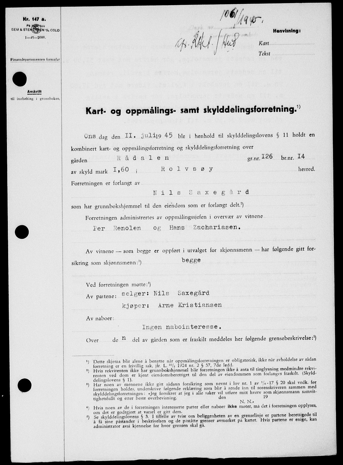 Onsøy sorenskriveri, SAO/A-10474/G/Ga/Gab/L0014: Pantebok nr. II A-14, 1944-1945, Dagboknr: 1061/1945