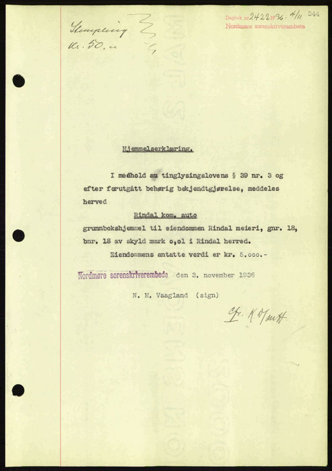 Nordmøre sorenskriveri, SAT/A-4132/1/2/2Ca: Pantebok nr. A80, 1936-1937, Dagboknr: 2422/1936