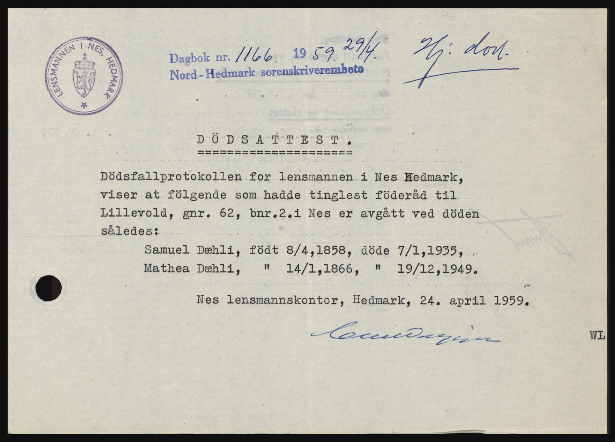 Nord-Hedmark sorenskriveri, SAH/TING-012/H/Hc/L0013: Pantebok nr. 13, 1959-1960, Dagboknr: 1166/1959