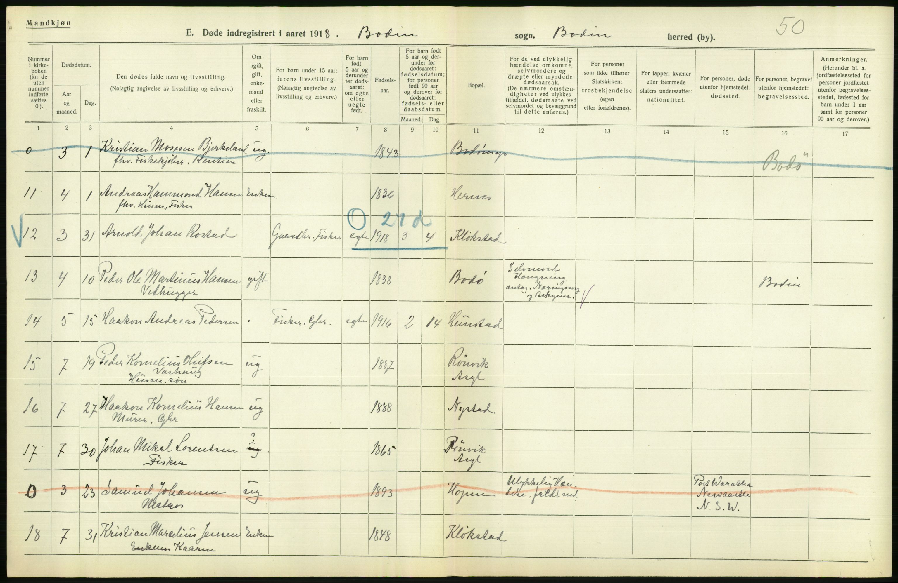 Statistisk sentralbyrå, Sosiodemografiske emner, Befolkning, RA/S-2228/D/Df/Dfb/Dfbh/L0055: Nordland fylke: Døde. Bygder og byer., 1918, s. 302