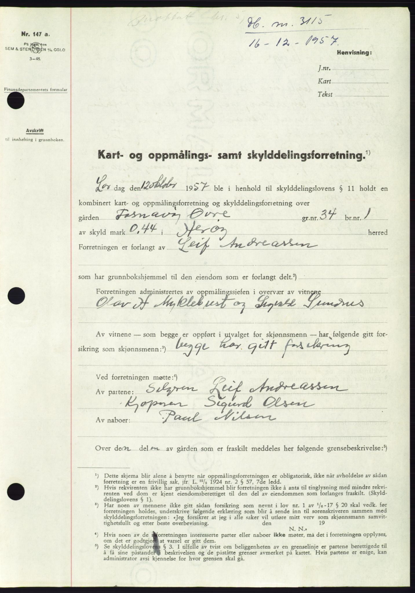 Søre Sunnmøre sorenskriveri, SAT/A-4122/1/2/2C/L0108: Pantebok nr. 34A, 1957-1958, Dagboknr: 3115/1957