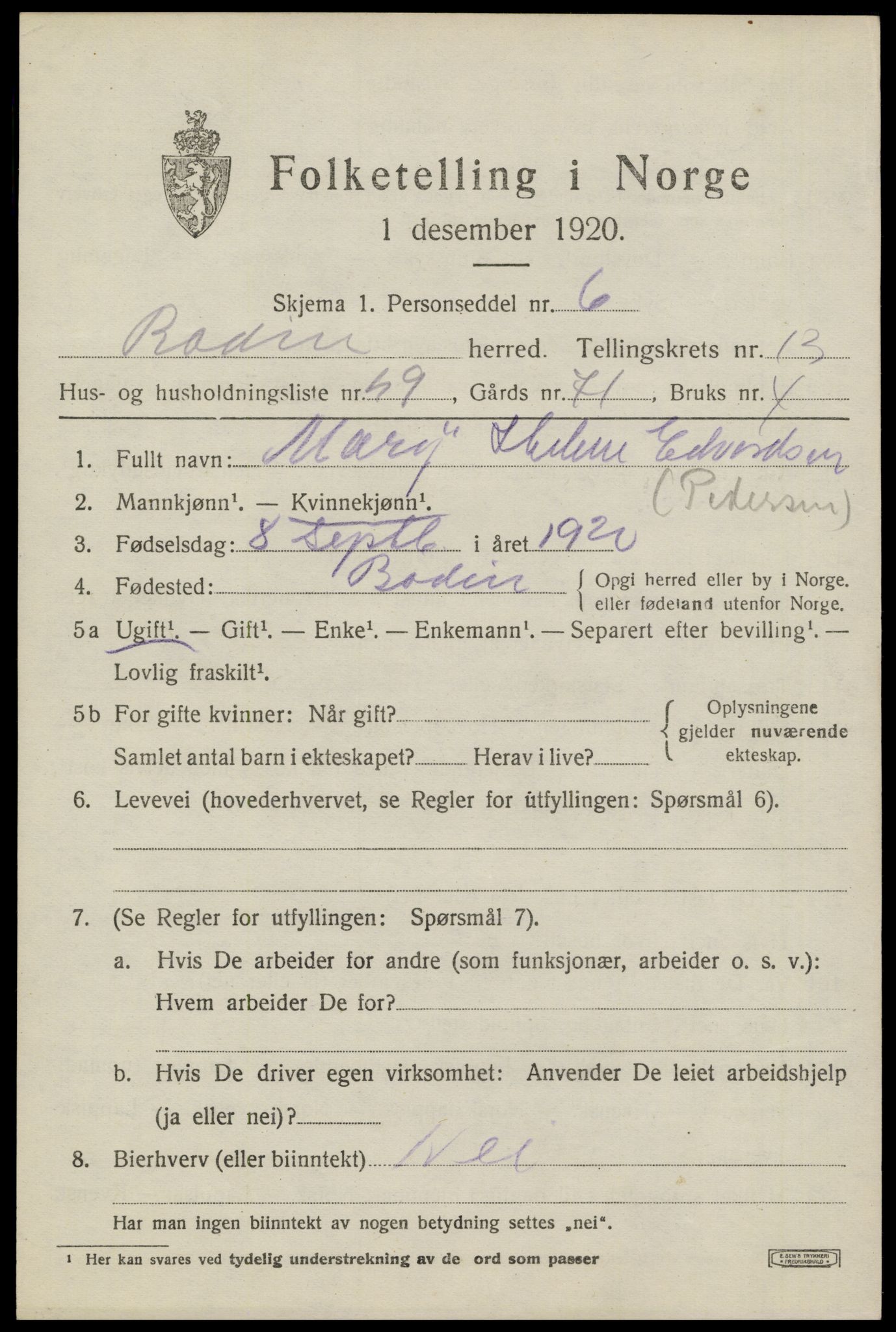 SAT, Folketelling 1920 for 1843 Bodin herred, 1920, s. 10050