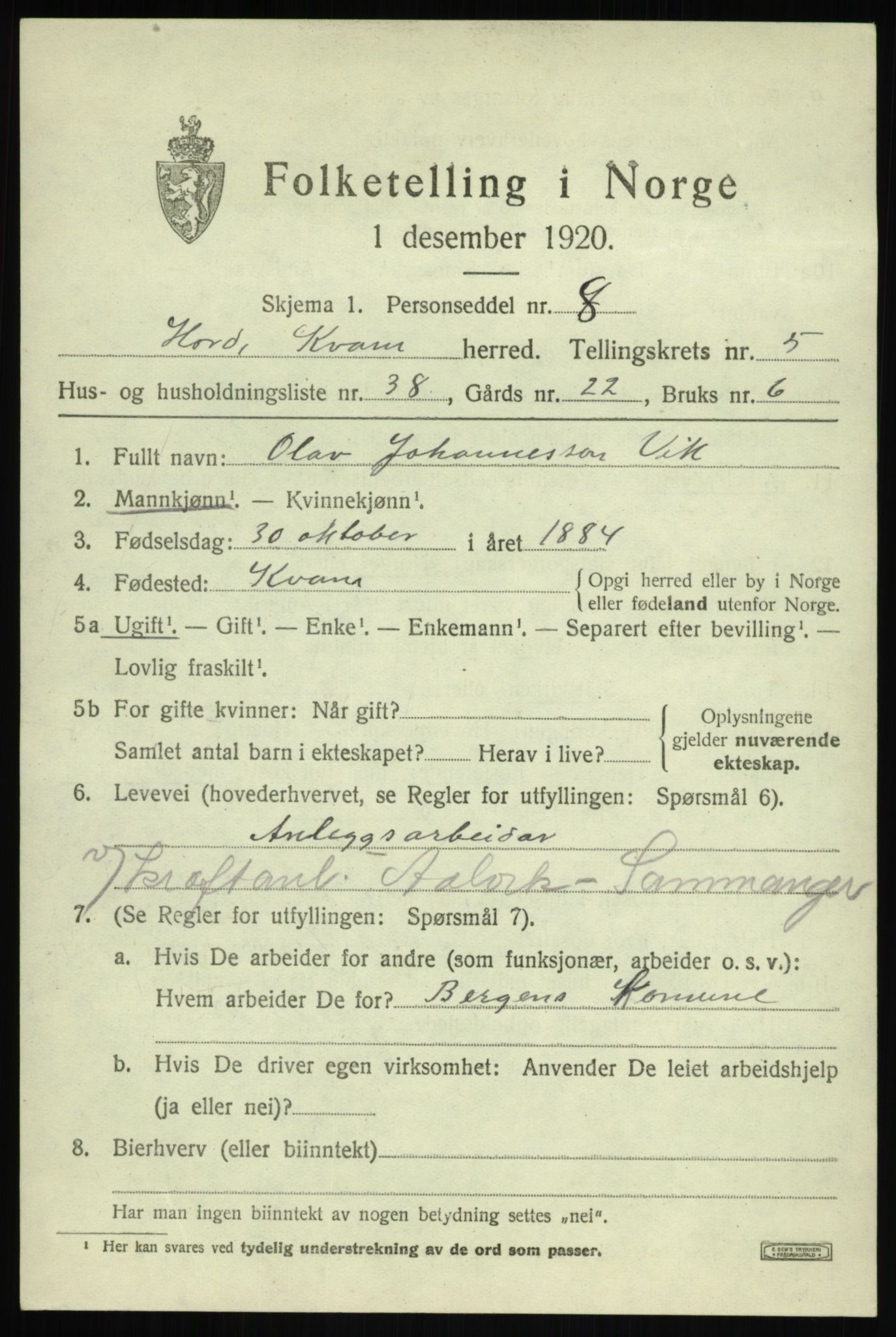 SAB, Folketelling 1920 for 1238 Kvam herred, 1920, s. 4207