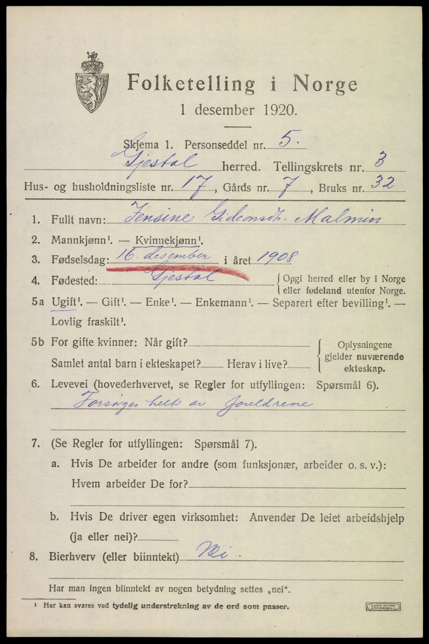 SAST, Folketelling 1920 for 1122 Gjesdal herred, 1920, s. 2368