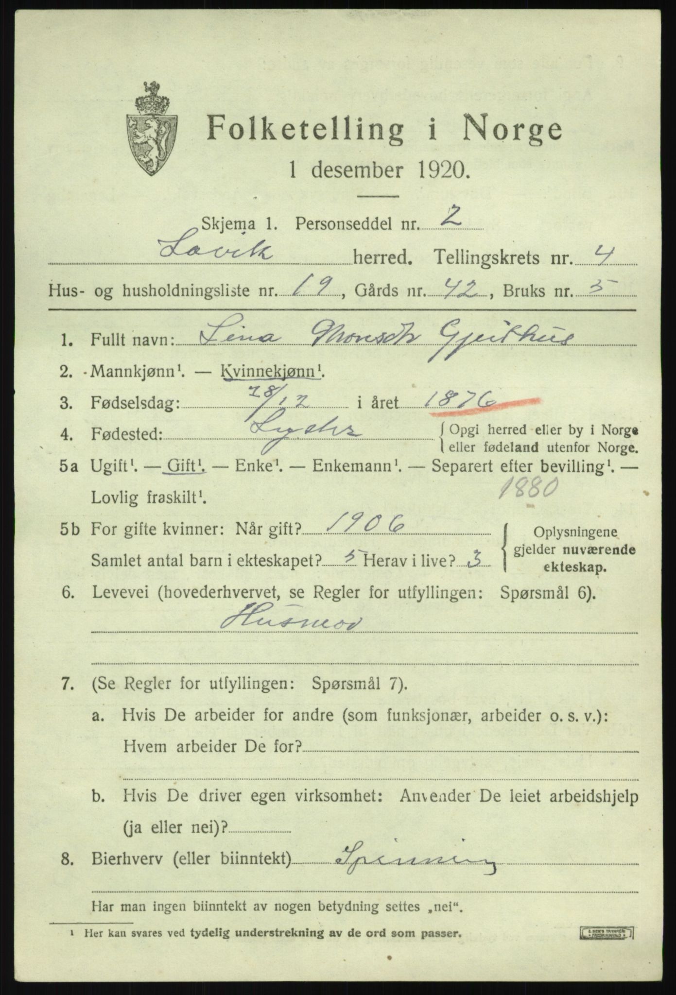 SAB, Folketelling 1920 for 1415 Lavik herred, 1920, s. 918