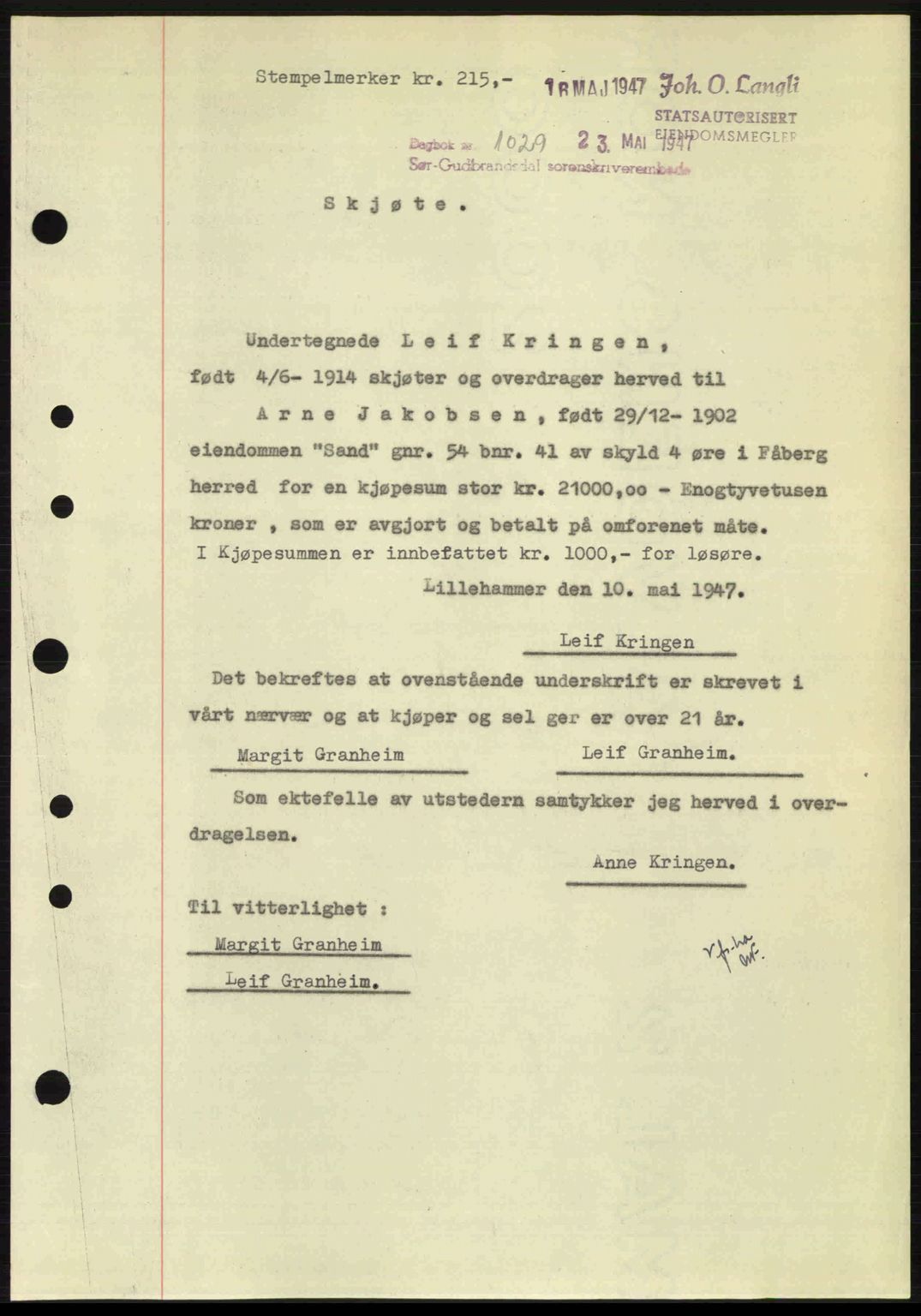 Sør-Gudbrandsdal tingrett, SAH/TING-004/H/Hb/Hbd/L0018: Pantebok nr. A18, 1947-1947, Dagboknr: 1029/1947