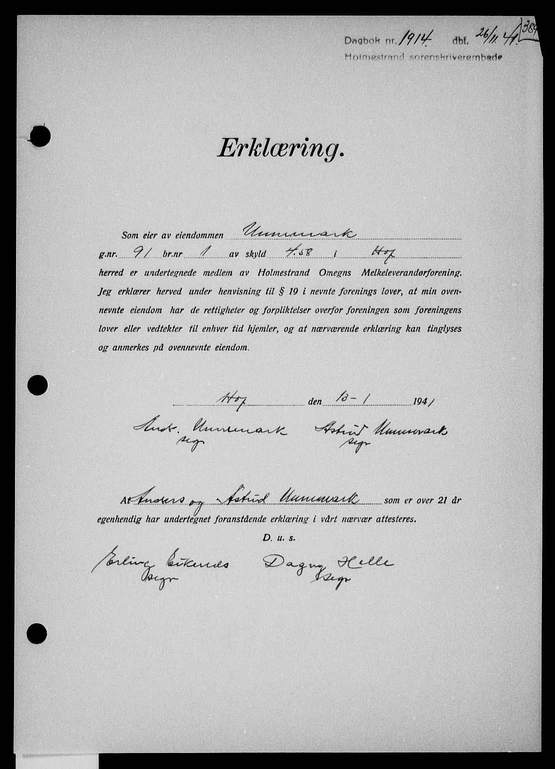 Holmestrand sorenskriveri, SAKO/A-67/G/Ga/Gaa/L0054: Pantebok nr. A-54, 1941-1942, Dagboknr: 1914/1941