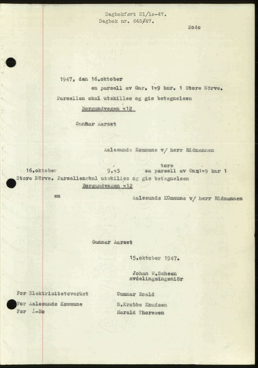 Ålesund byfogd, AV/SAT-A-4384: Pantebok nr. 37A (1), 1947-1949, Dagboknr: 645/1947