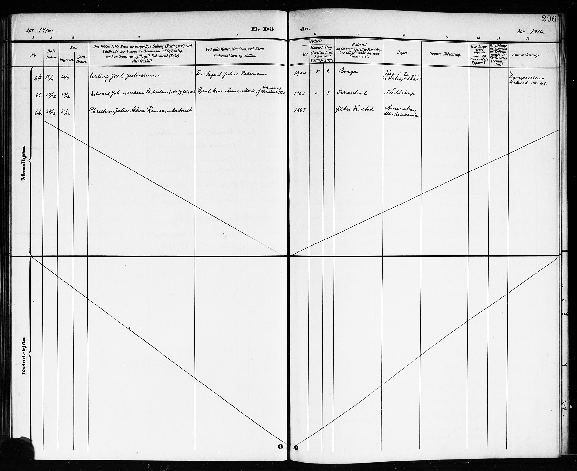 Østre Fredrikstad prestekontor Kirkebøker, AV/SAO-A-10907/G/Ga/L0002: Klokkerbok nr. 2, 1900-1919, s. 296