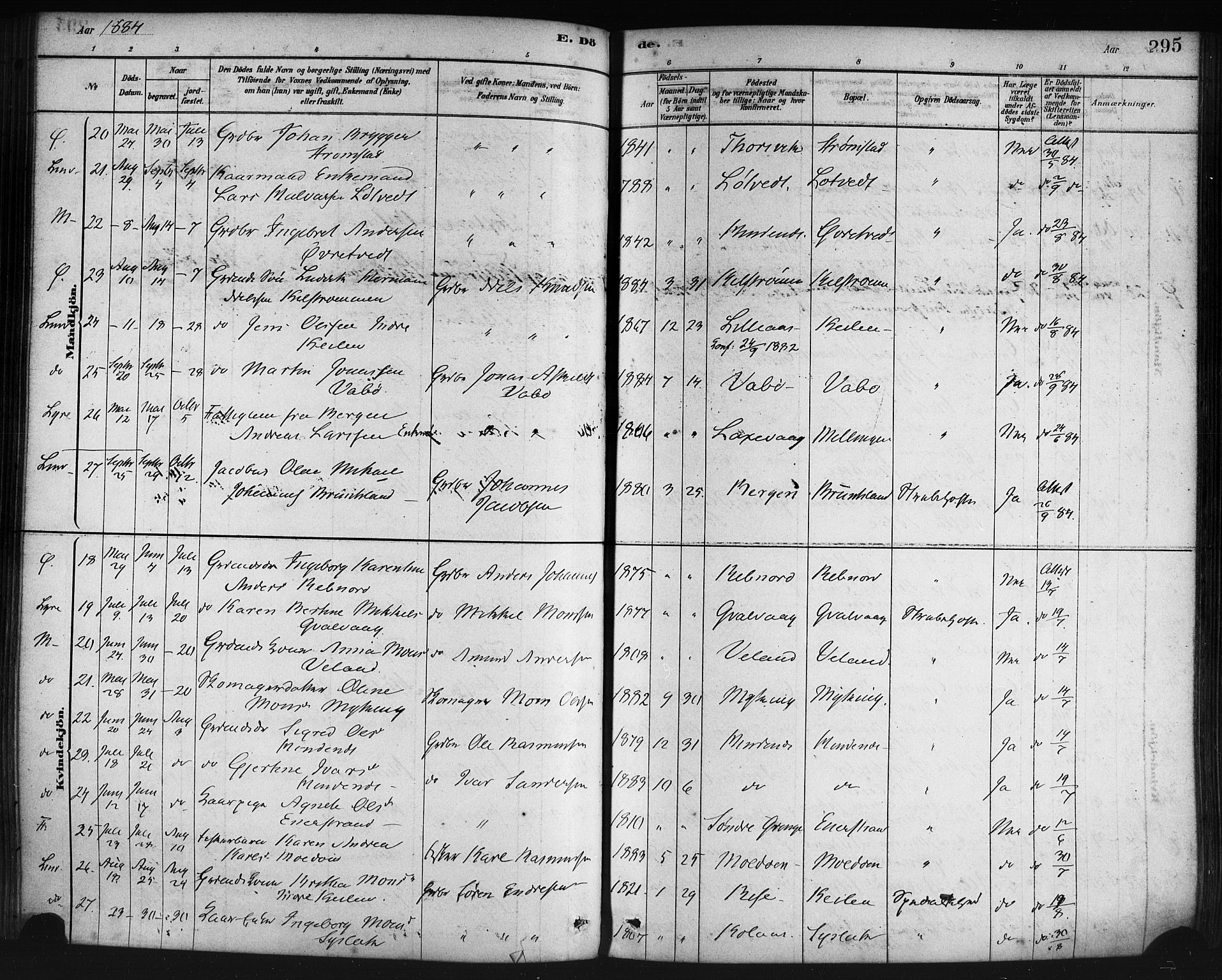 Lindås Sokneprestembete, AV/SAB-A-76701/H/Haa/Haaa/L0019: Ministerialbok nr. A 19, 1878-1912, s. 295