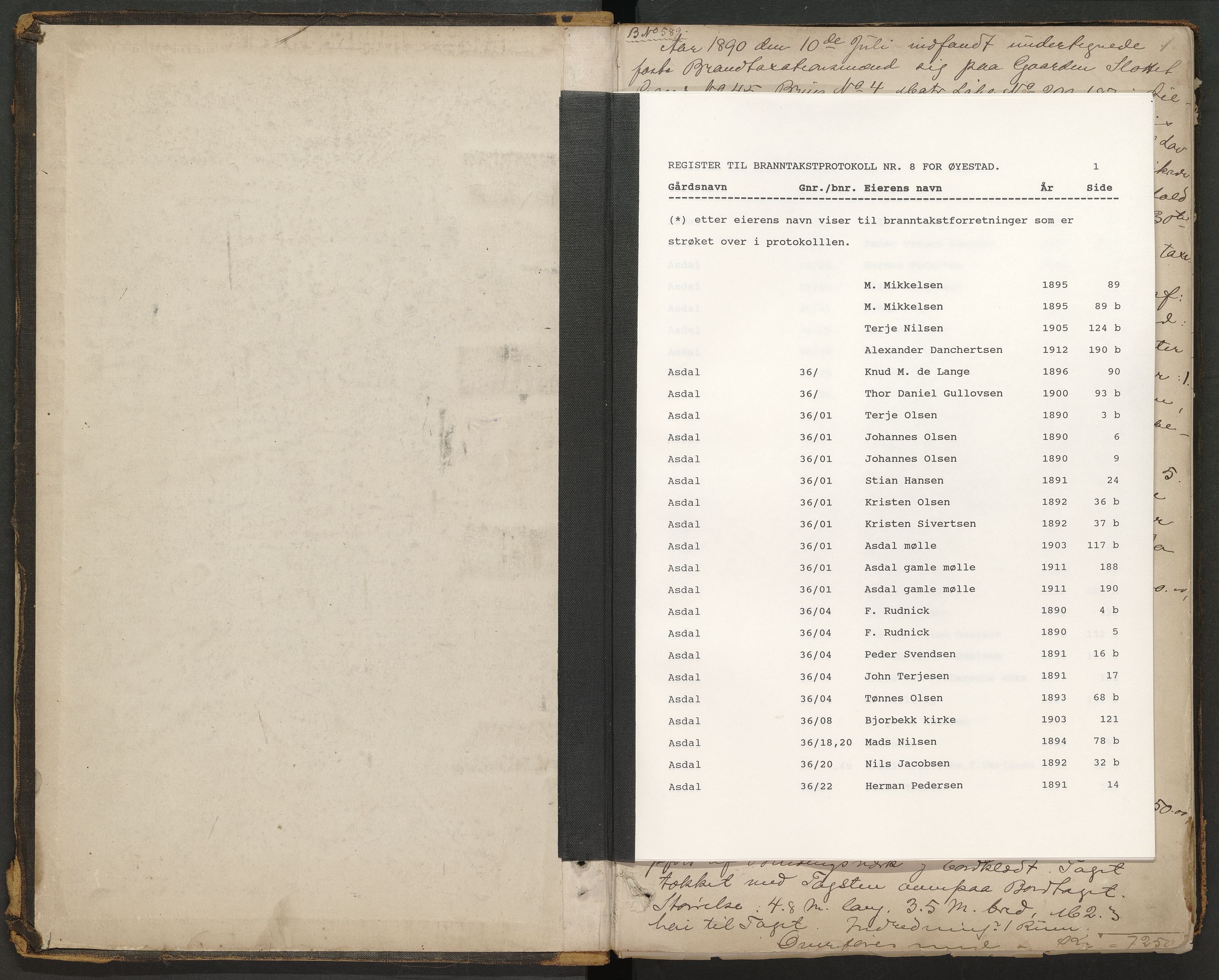 Norges Brannkasse Øyestad, AV/SAK-2241-0059/F/Fa/L0008: Branntakstprotokoll nr. 8 med gårdsnavnregister, 1890-1912