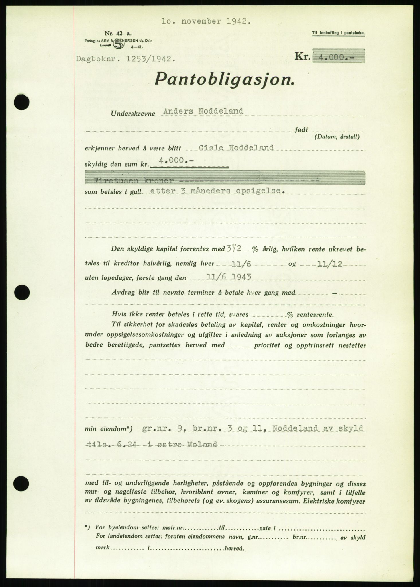 Nedenes sorenskriveri, SAK/1221-0006/G/Gb/Gbb/L0002: Pantebok nr. II, 1942-1945, Dagboknr: 1253/1942