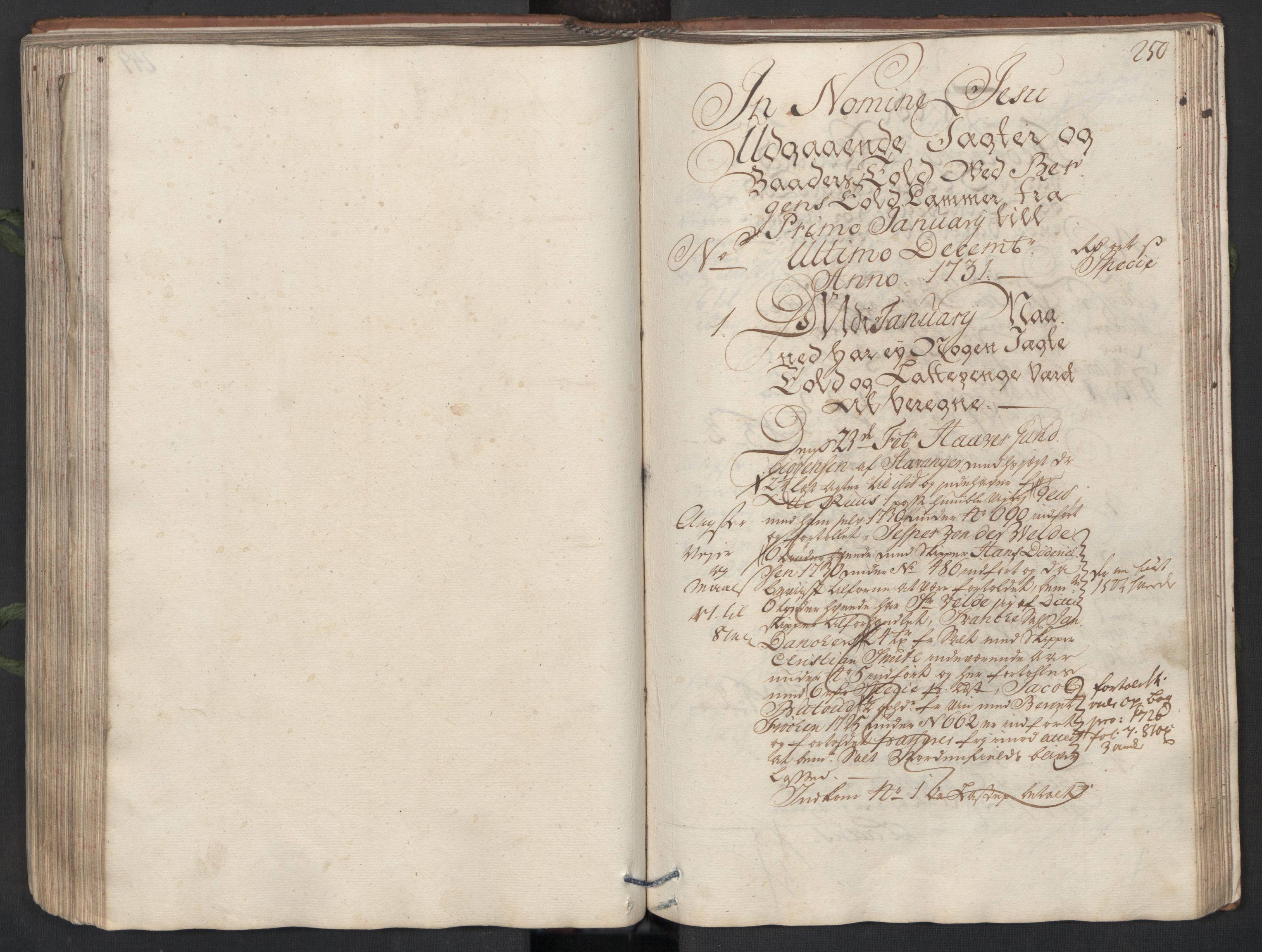 Generaltollkammeret, tollregnskaper, AV/RA-EA-5490/R26/L0017/0001: Tollregnskaper Bergen A / Utgående hovedtollbok, 1731, s. 249b-250a