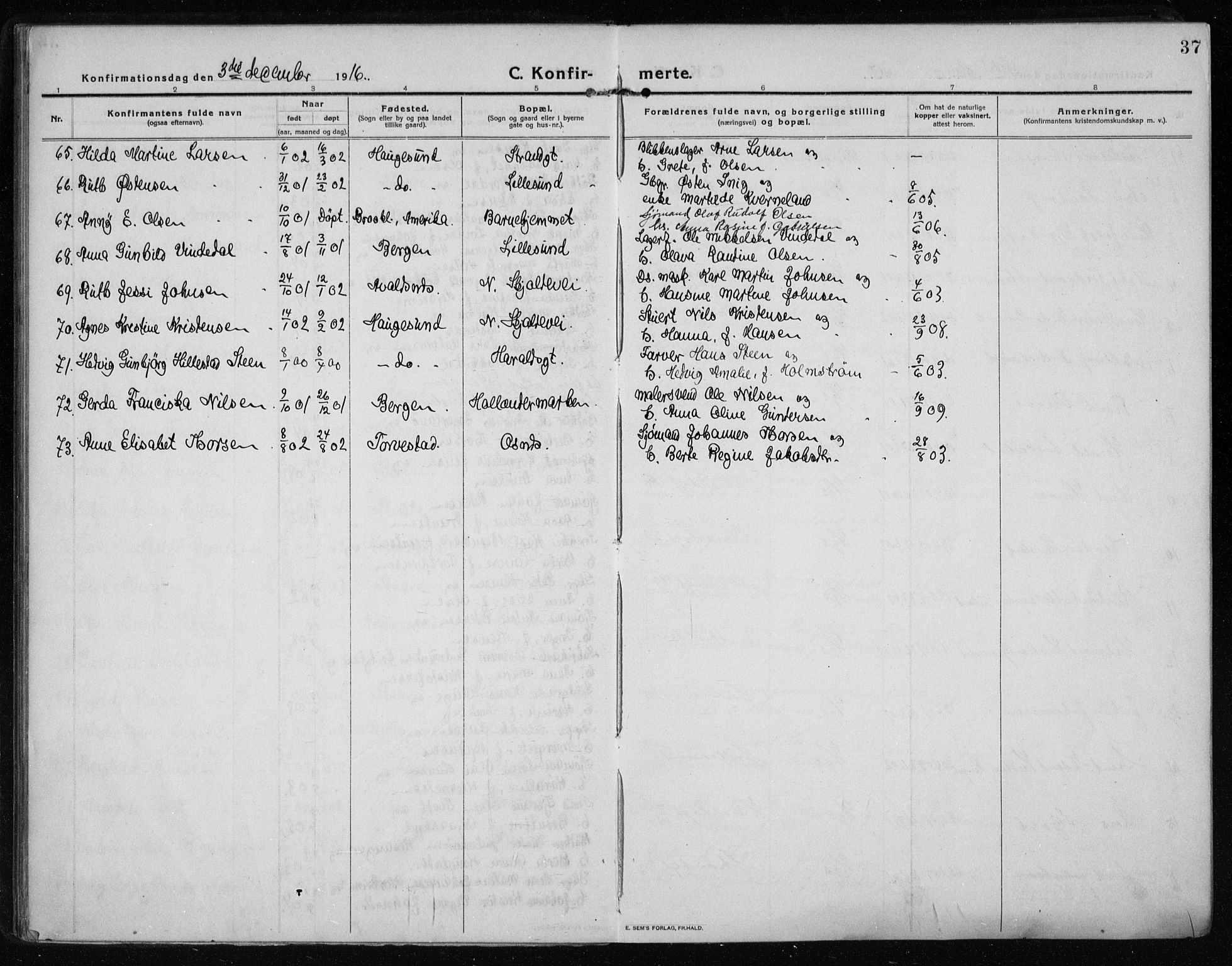 Haugesund sokneprestkontor, AV/SAST-A -101863/H/Ha/Haa/L0009: Ministerialbok nr. A 9, 1914-1929, s. 37