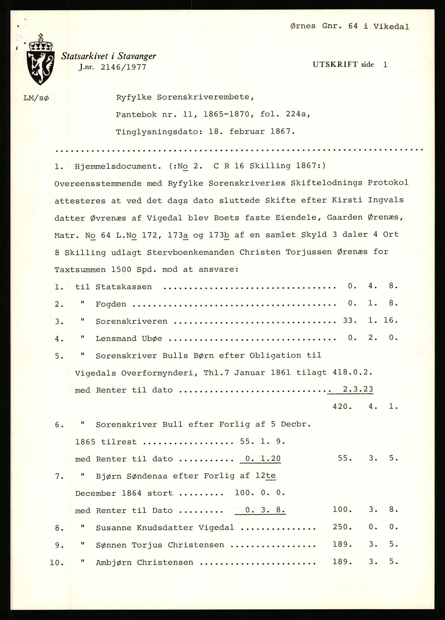 Statsarkivet i Stavanger, AV/SAST-A-101971/03/Y/Yj/L0098: Avskrifter sortert etter gårdsnavn: Øigrei - Østeinstad, 1750-1930, s. 311