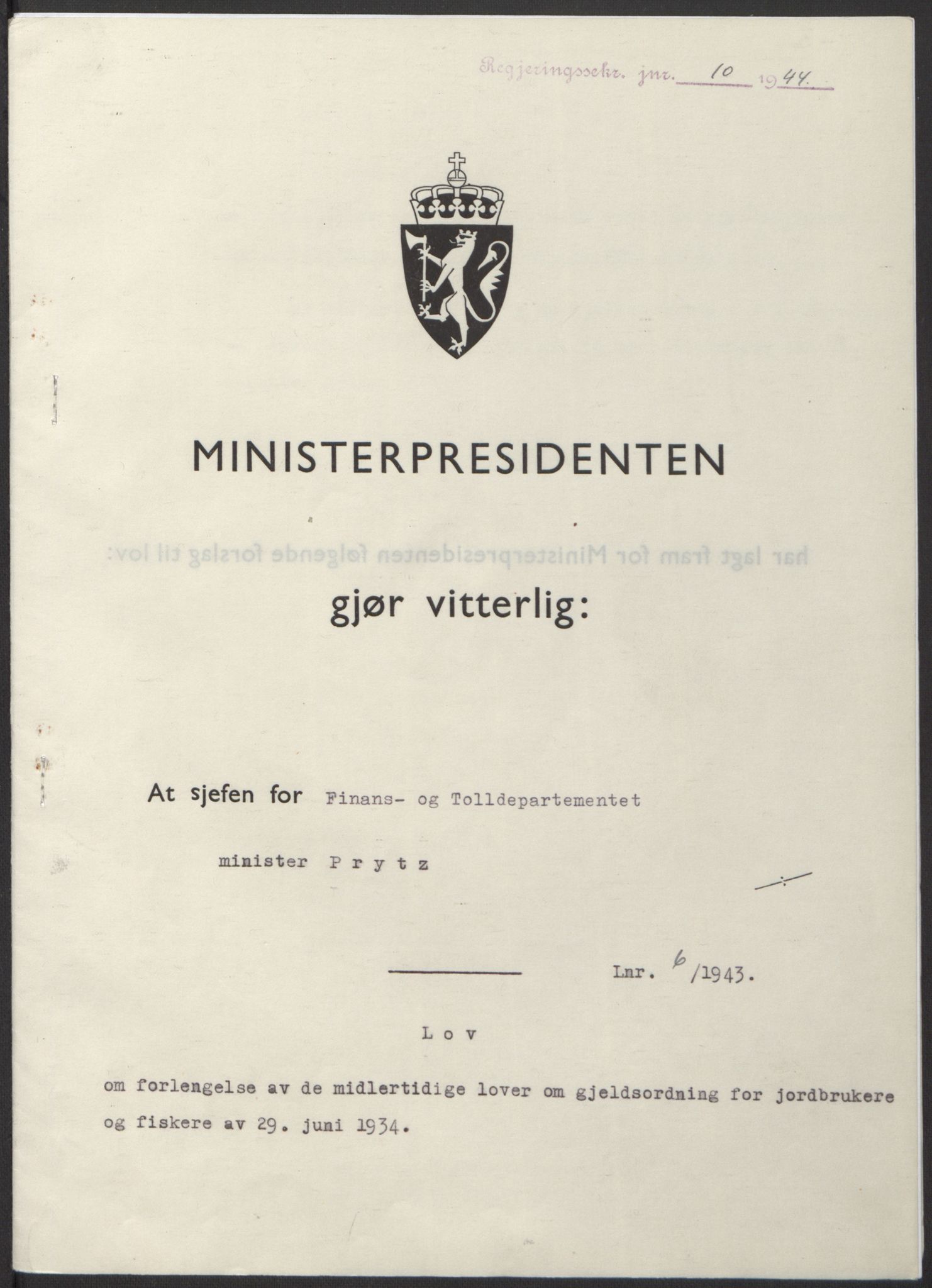 NS-administrasjonen 1940-1945 (Statsrådsekretariatet, de kommisariske statsråder mm), AV/RA-S-4279/D/Db/L0100: Lover, 1944, s. 26
