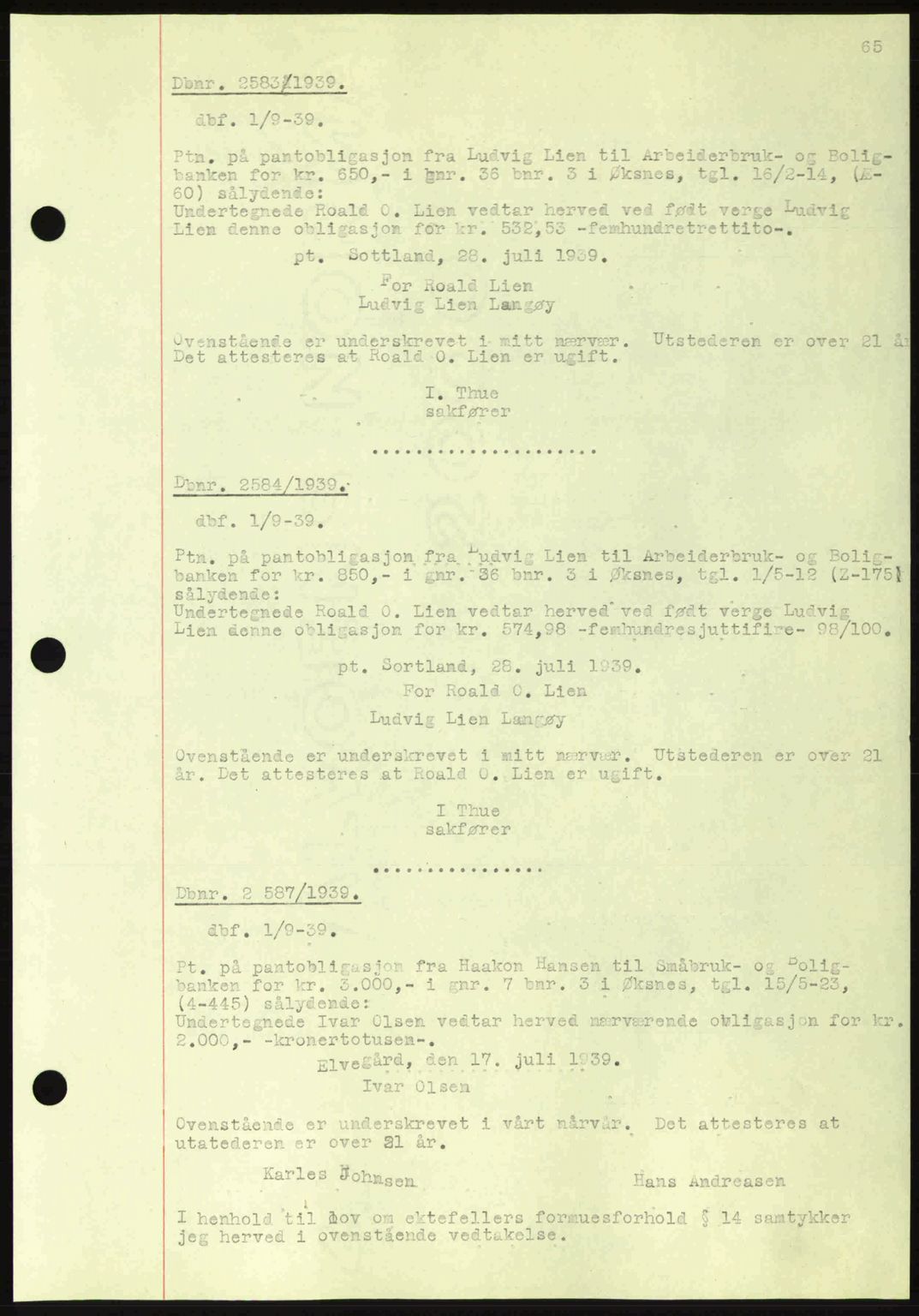 Vesterålen sorenskriveri, AV/SAT-A-4180/1/2/2Ca: Pantebok nr. B6-10, 1938-1941, Dagboknr: 2583/1939