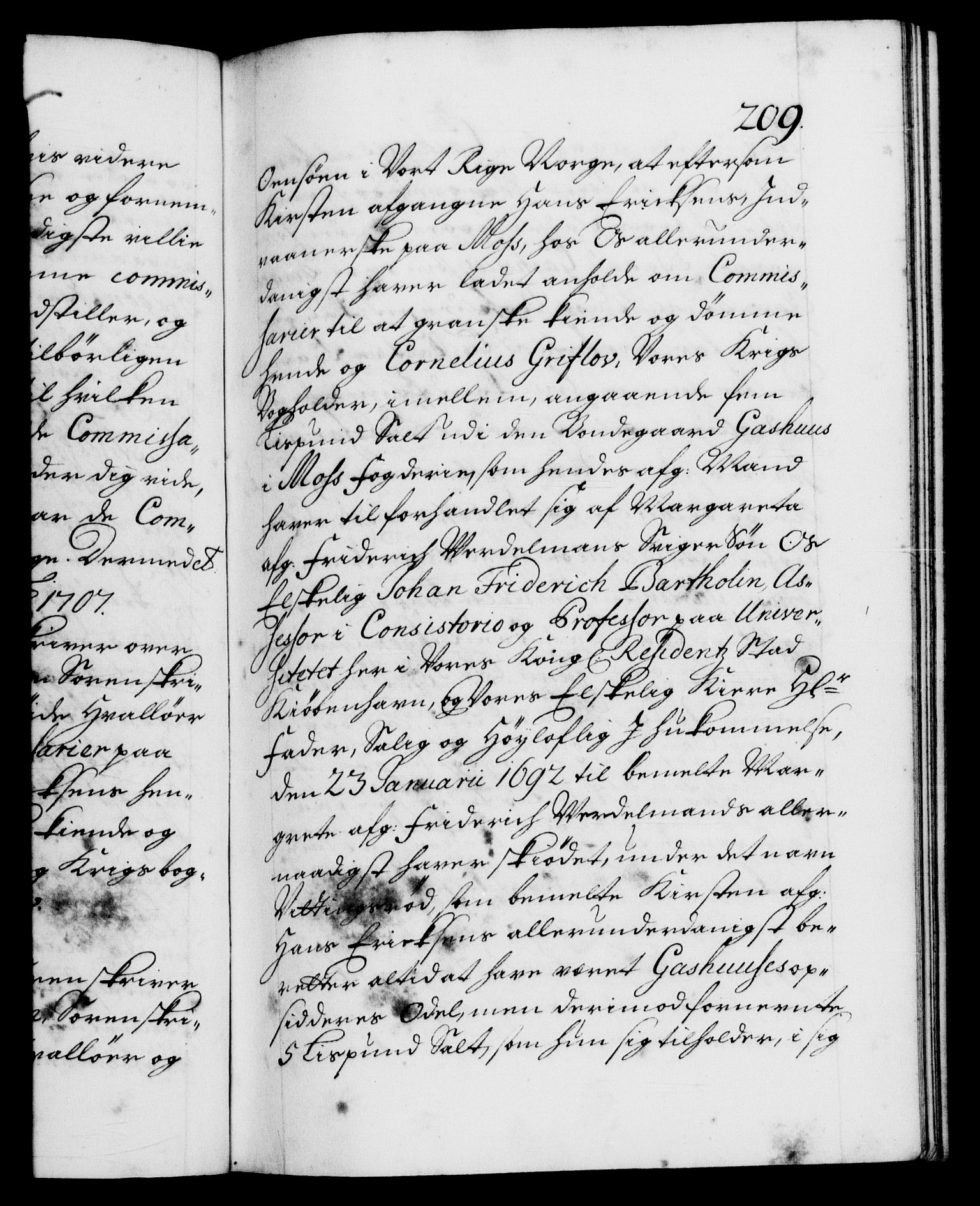 Danske Kanselli 1572-1799, AV/RA-EA-3023/F/Fc/Fca/Fcab/L0018: Norske tegnelser, 1707-1709, s. 209a