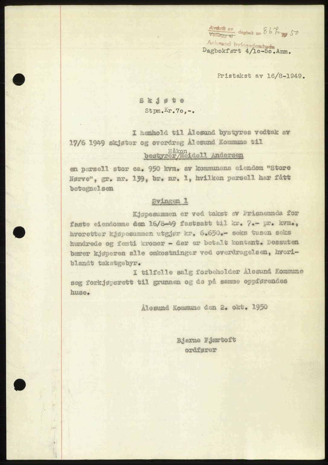 Ålesund byfogd, AV/SAT-A-4384: Pantebok nr. 37A (2), 1949-1950, Dagboknr: 867/1950