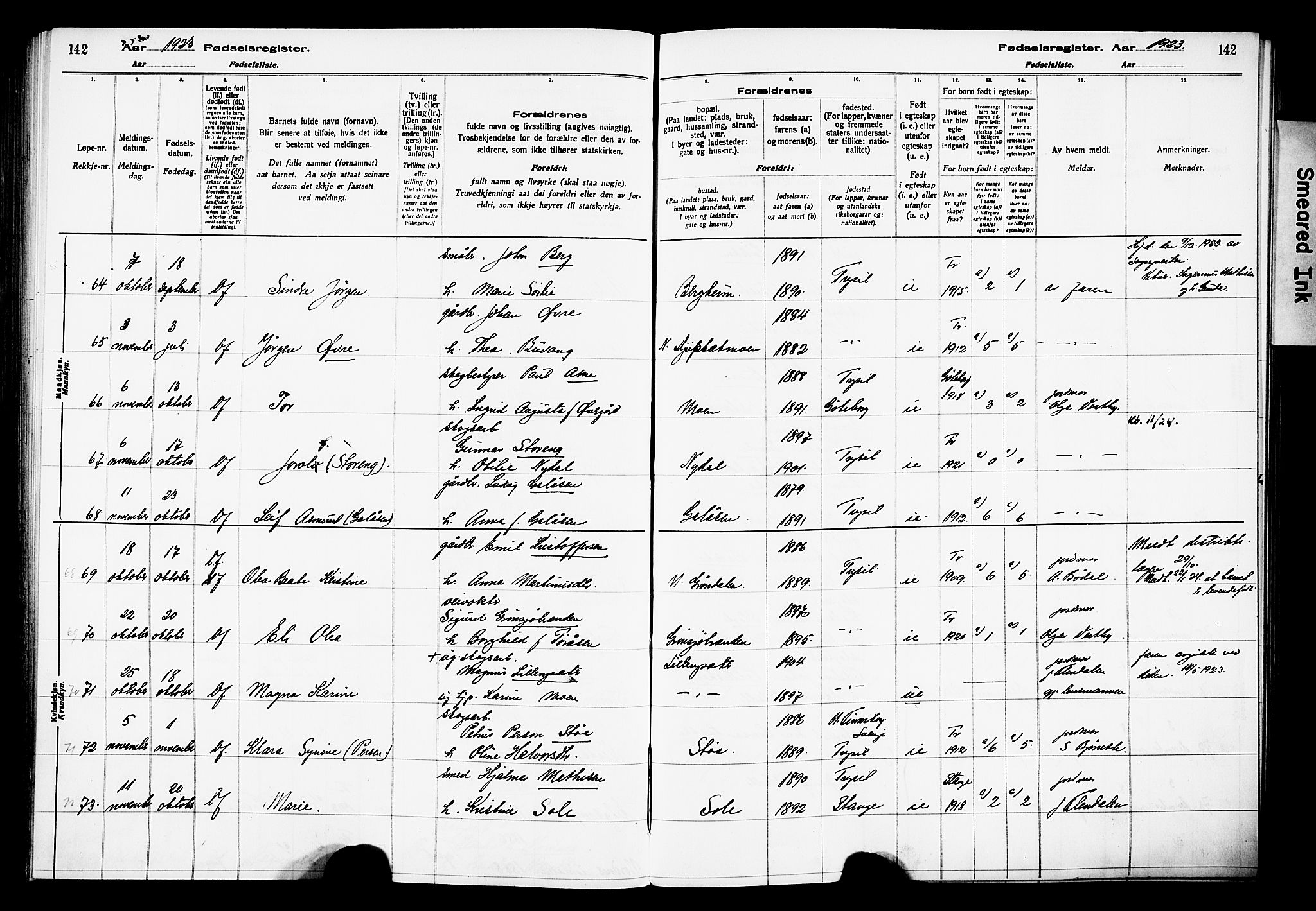 Trysil prestekontor, AV/SAH-PREST-046/I/Id/Ida/L0001: Fødselsregister nr. I 1, 1916-1927, s. 142