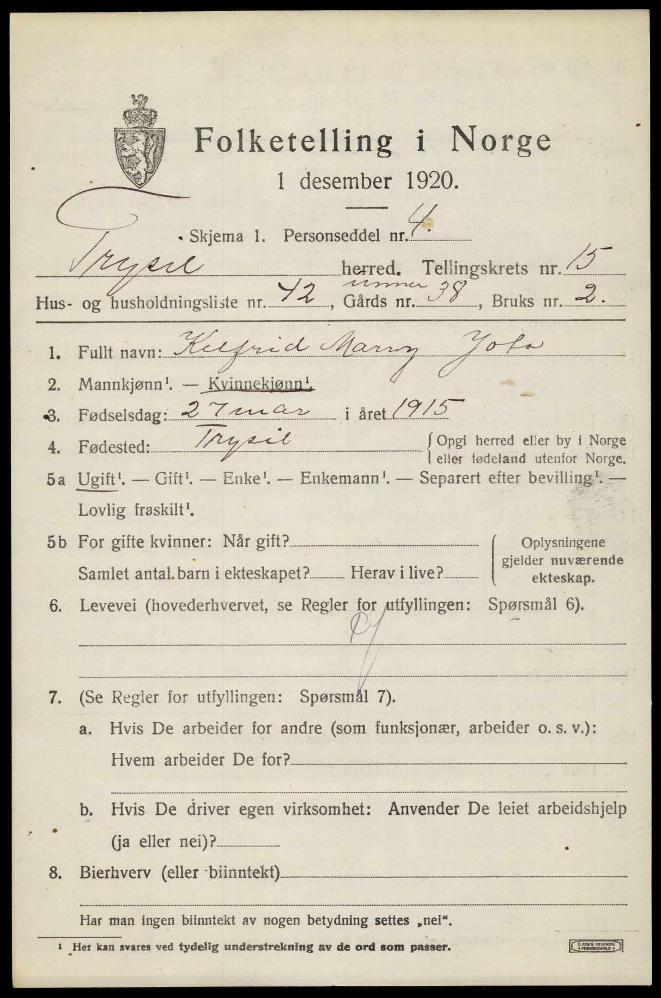 SAH, Folketelling 1920 for 0428 Trysil herred, 1920, s. 9397
