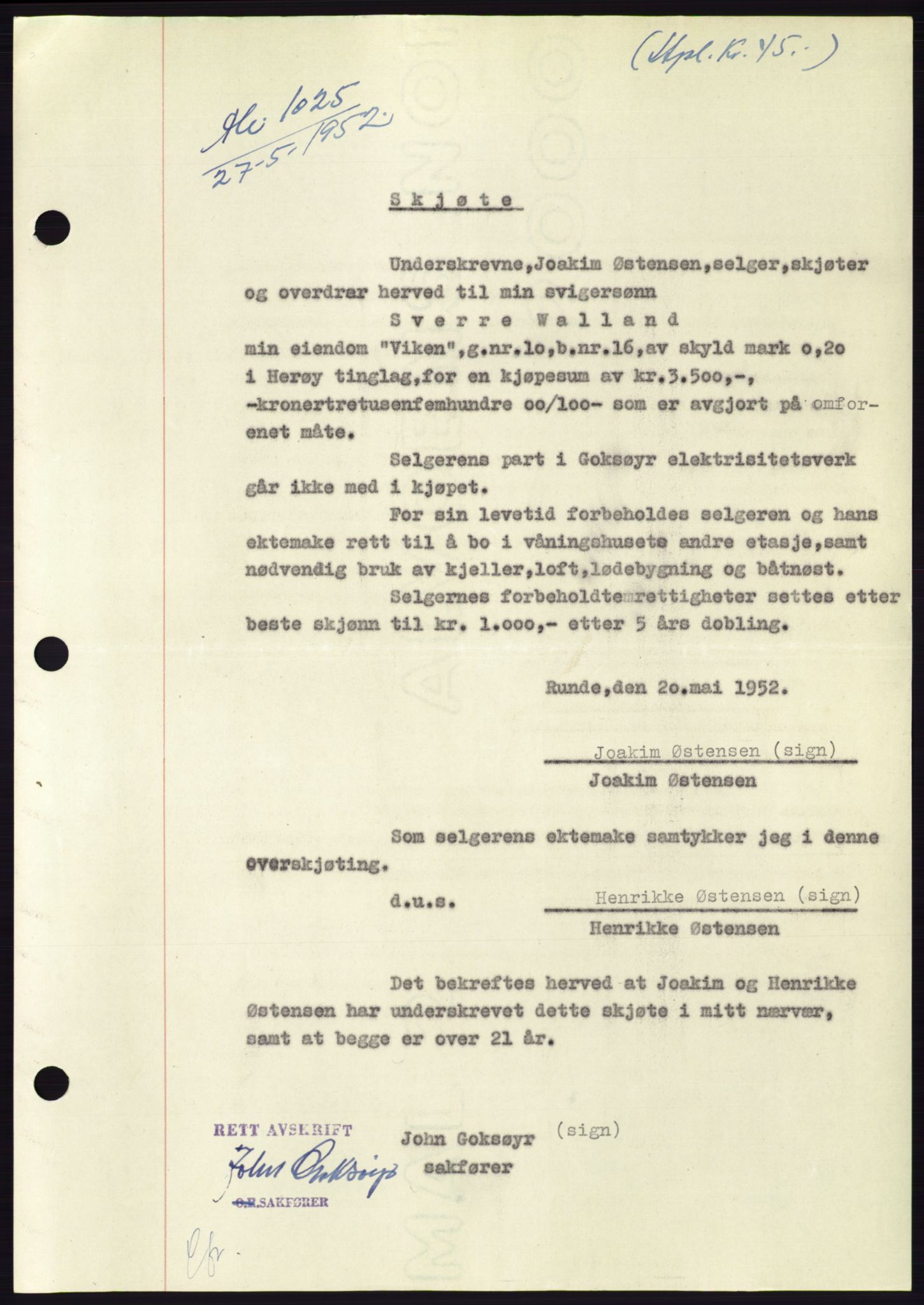 Søre Sunnmøre sorenskriveri, AV/SAT-A-4122/1/2/2C/L0092: Pantebok nr. 18A, 1952-1952, Dagboknr: 1025/1952