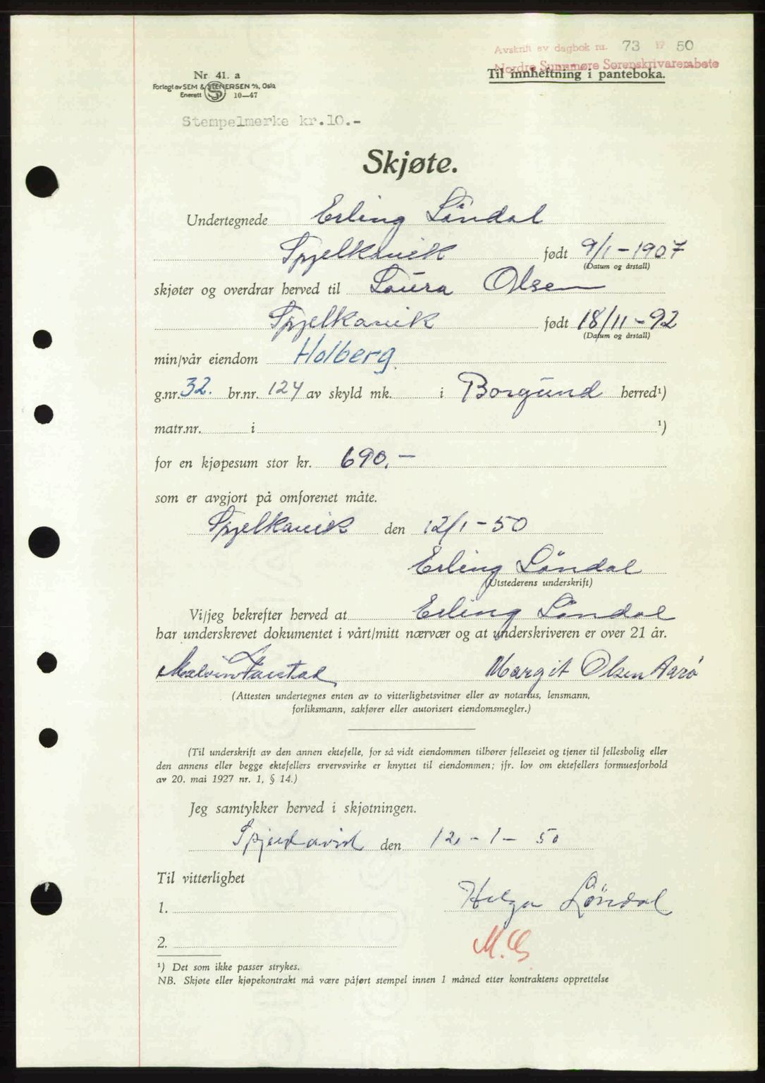 Nordre Sunnmøre sorenskriveri, AV/SAT-A-0006/1/2/2C/2Ca: Pantebok nr. A33, 1949-1950, Dagboknr: 73/1950