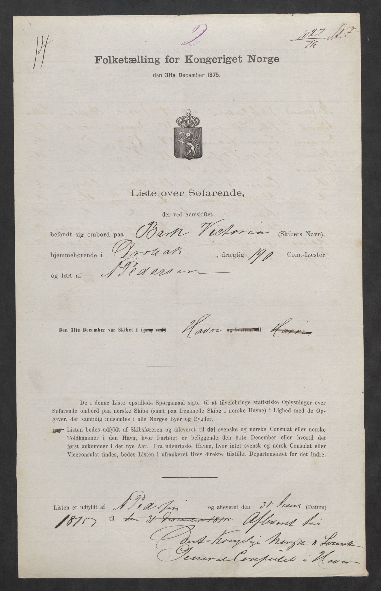 RA, Folketelling 1875, skipslister: Skip i utenrikske havner, hjemmehørende i byer og ladesteder, Fredrikshald - Arendal, 1875, s. 102