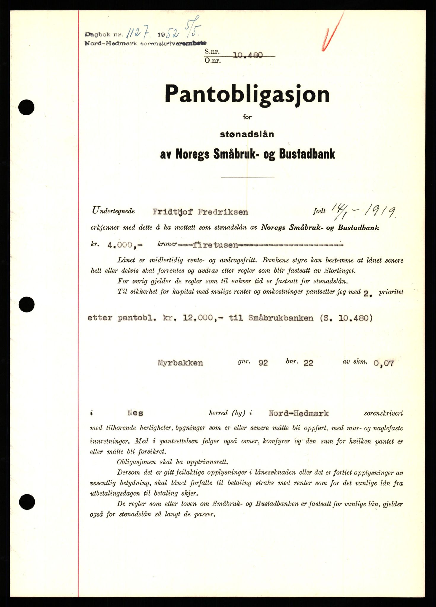 Nord-Hedmark sorenskriveri, SAH/TING-012/H/Hb/Hbf/L0025: Pantebok nr. B25, 1952-1952, Dagboknr: 1127/1952