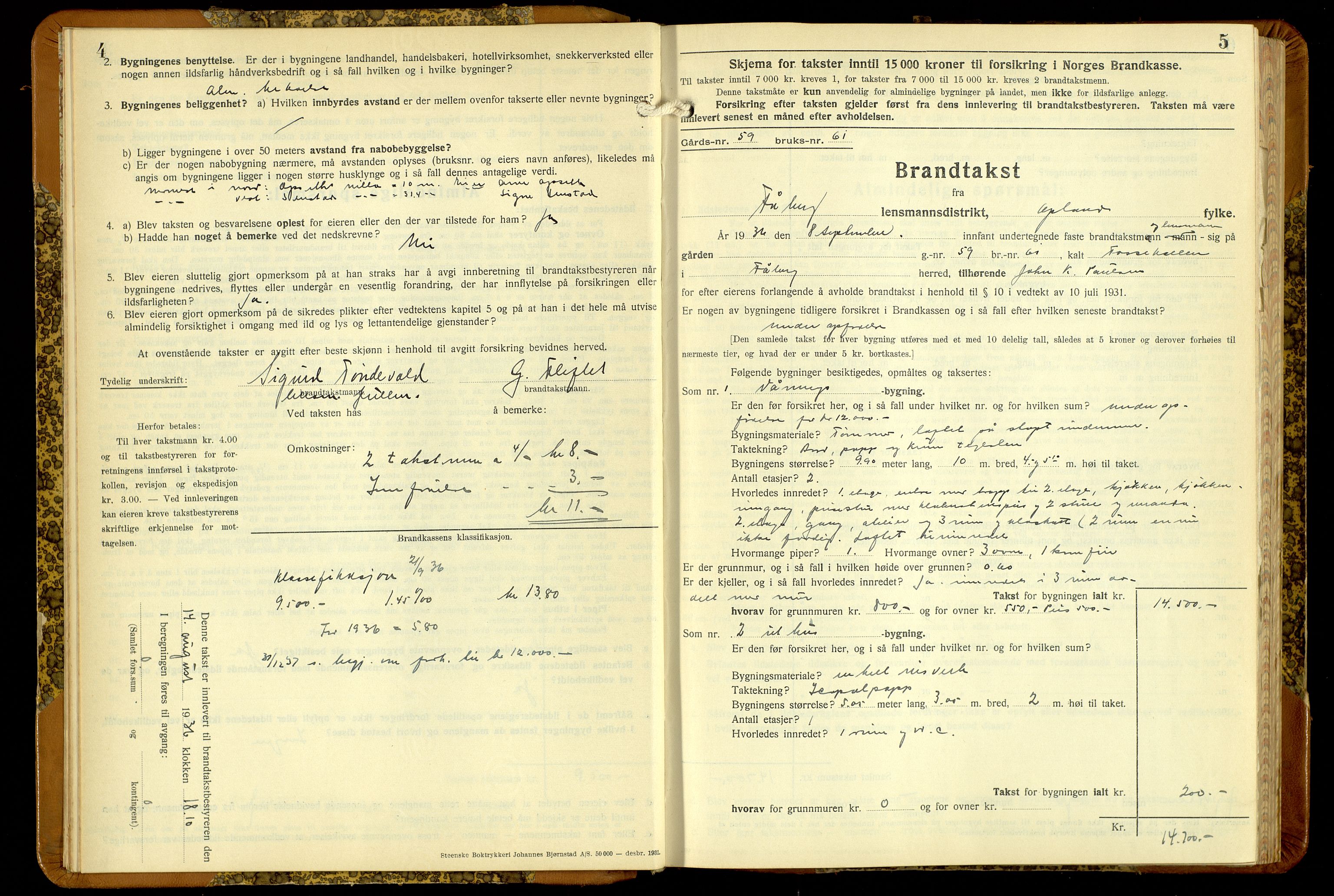 Norges Brannkasse, Fåberg, SAH/NBRANF-041/F/L0006: Branntakstprotokoll, 1936-1955, s. 4-5