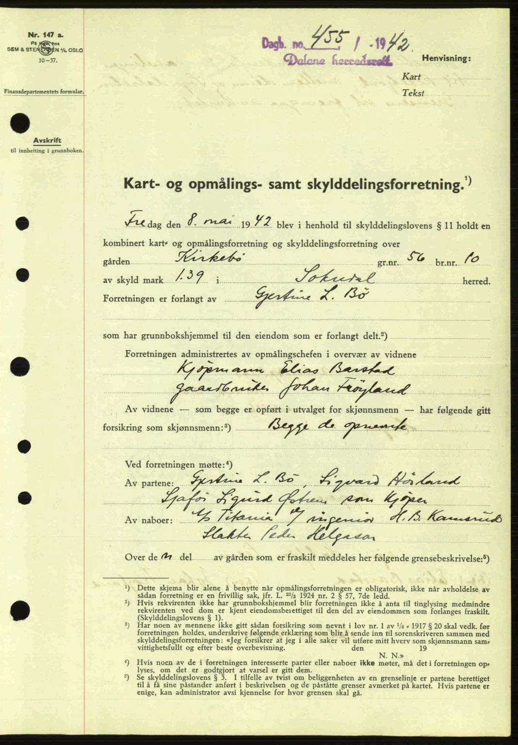 Dalane sorenskriveri, SAST/A-100309/02/G/Gb/L0045: Pantebok nr. A6, 1941-1942, Dagboknr: 455/1942